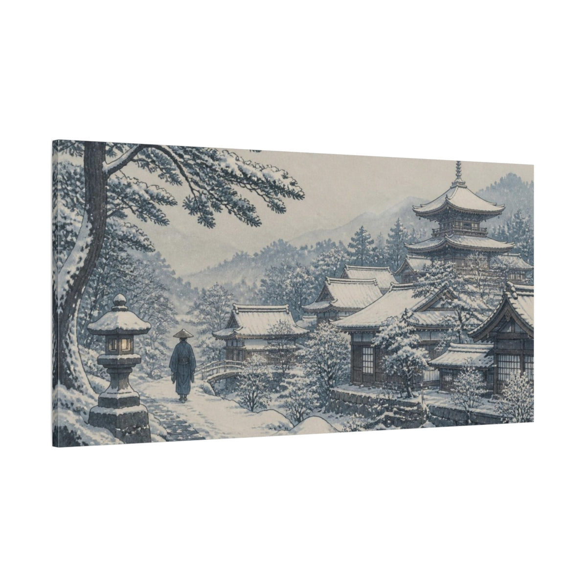 Side Mockup 2. Japanese Snow Temple Village shown as canvas print