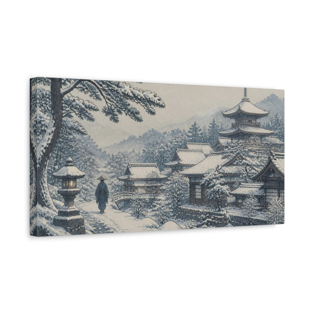 Side Mockup 3. Japanese Snow Temple Village shown as canvas print