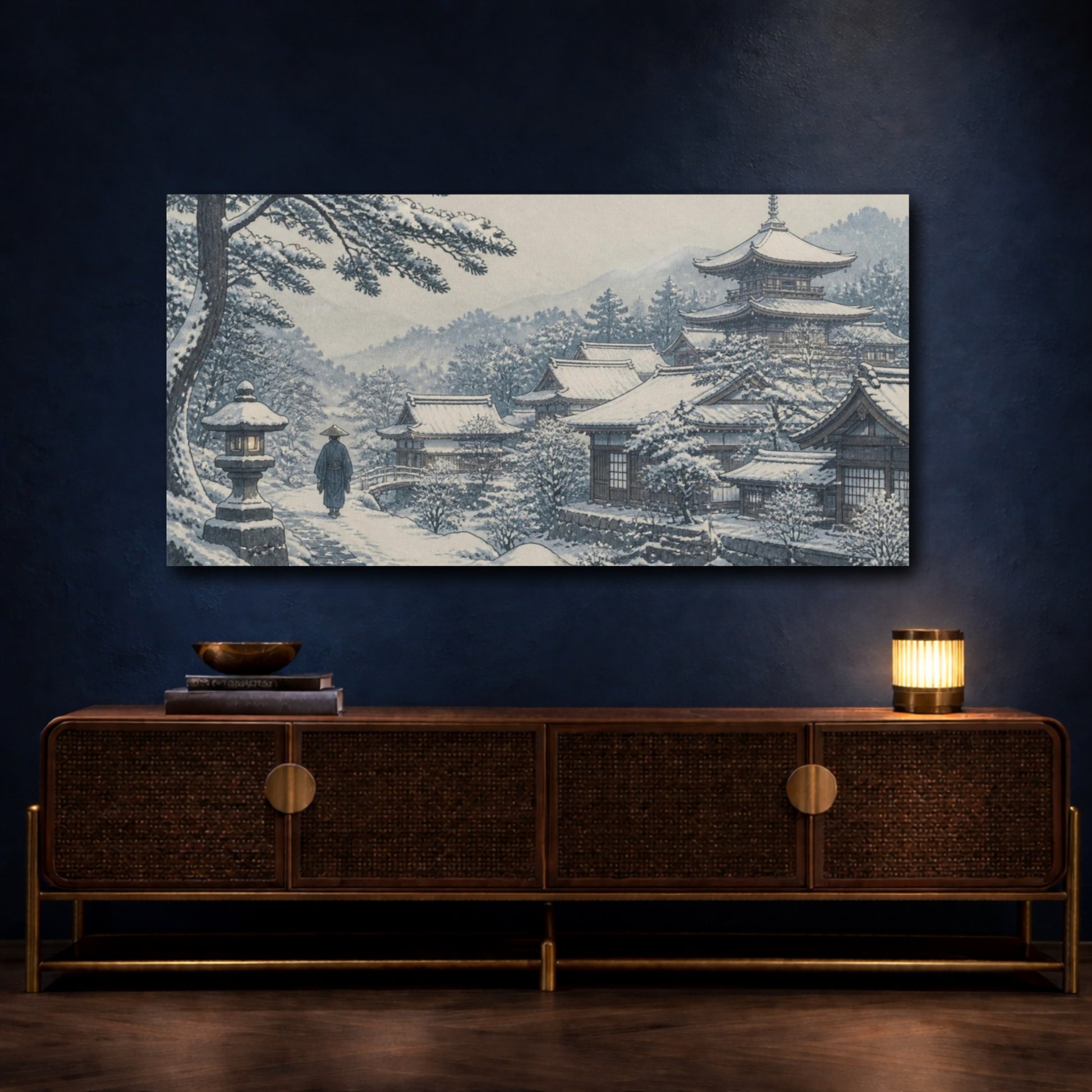 Mockup 4. Japanese Snow Temple Village shown as canvas print