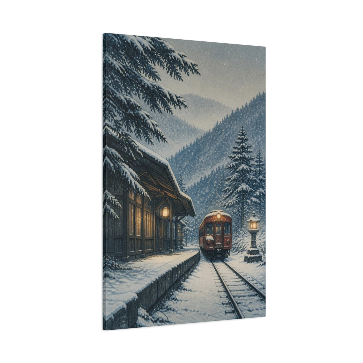 Side Mockup 1. Japanese Snow Train shown as canvas print