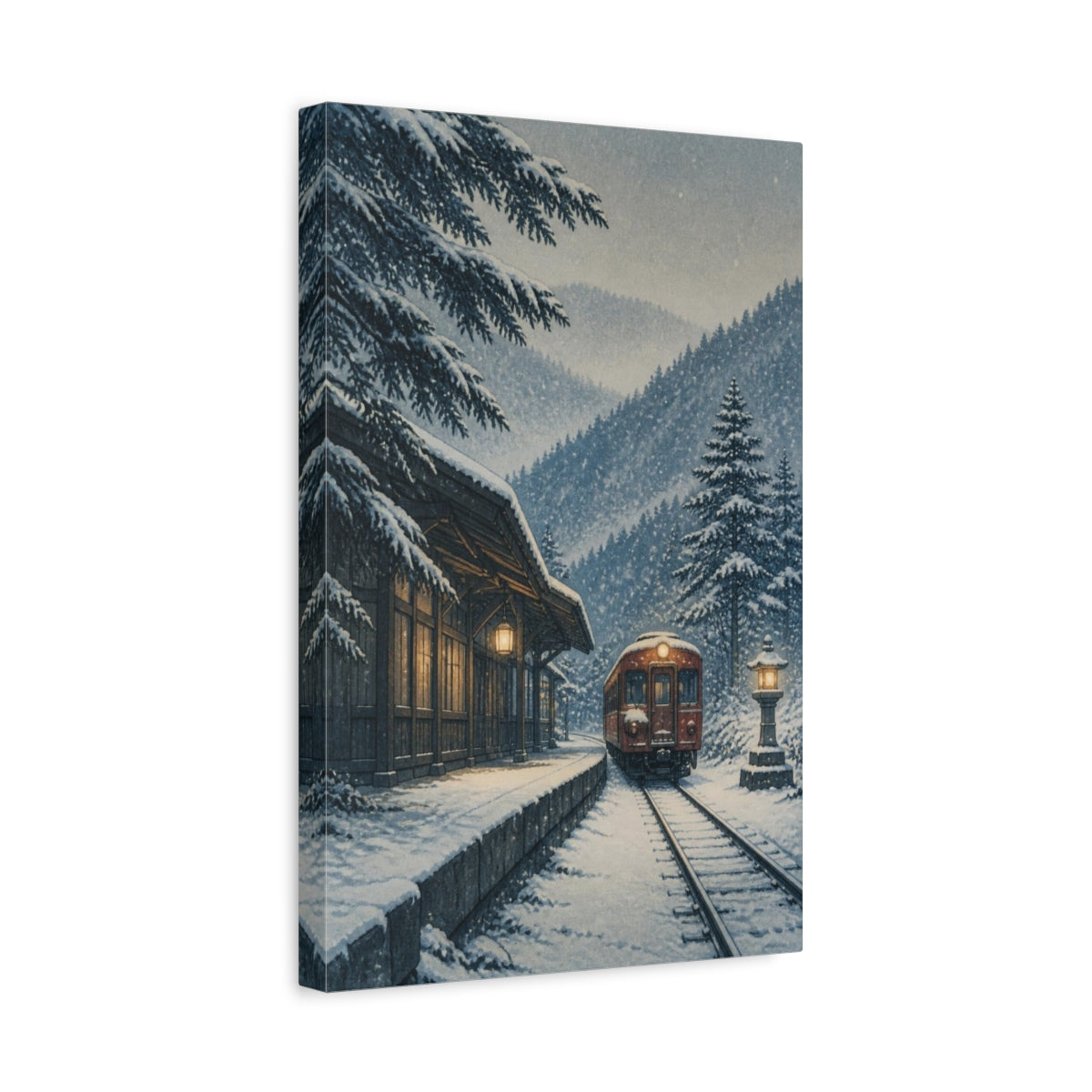 Side Mockup 4. Japanese Snow Train shown as canvas print