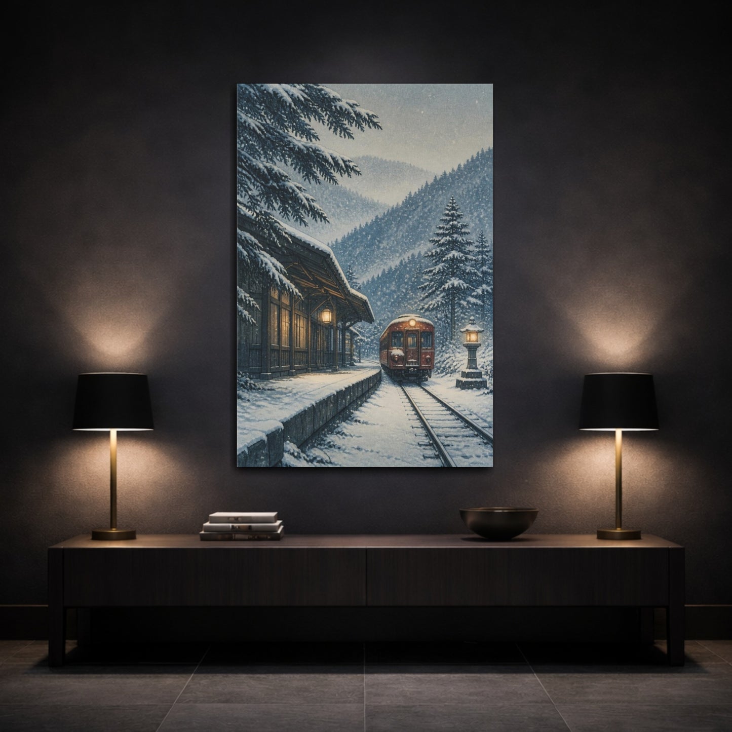 Mockup 3. Japanese Snow Train shown as canvas print