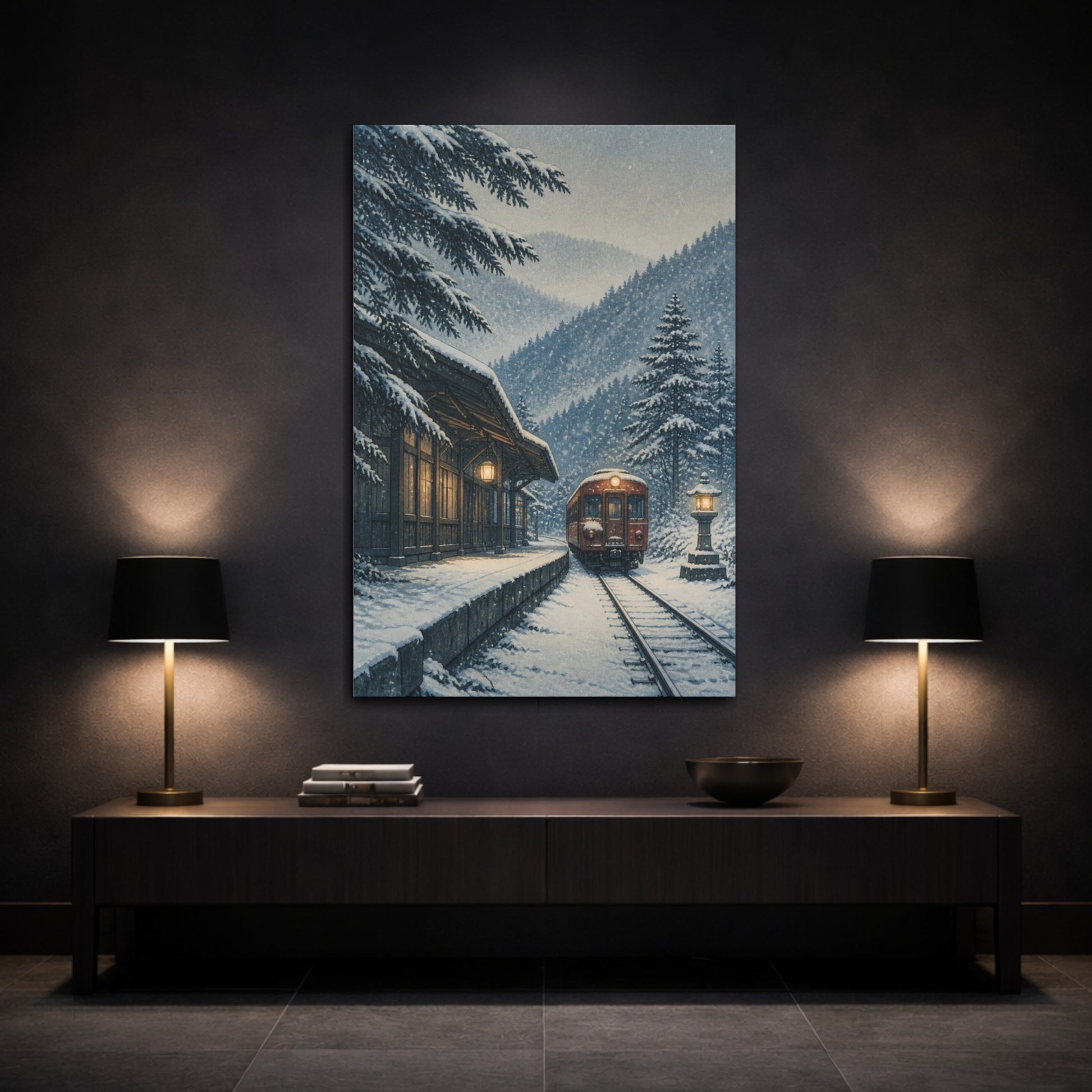 Mockup 3. Japanese Snow Train shown as canvas print