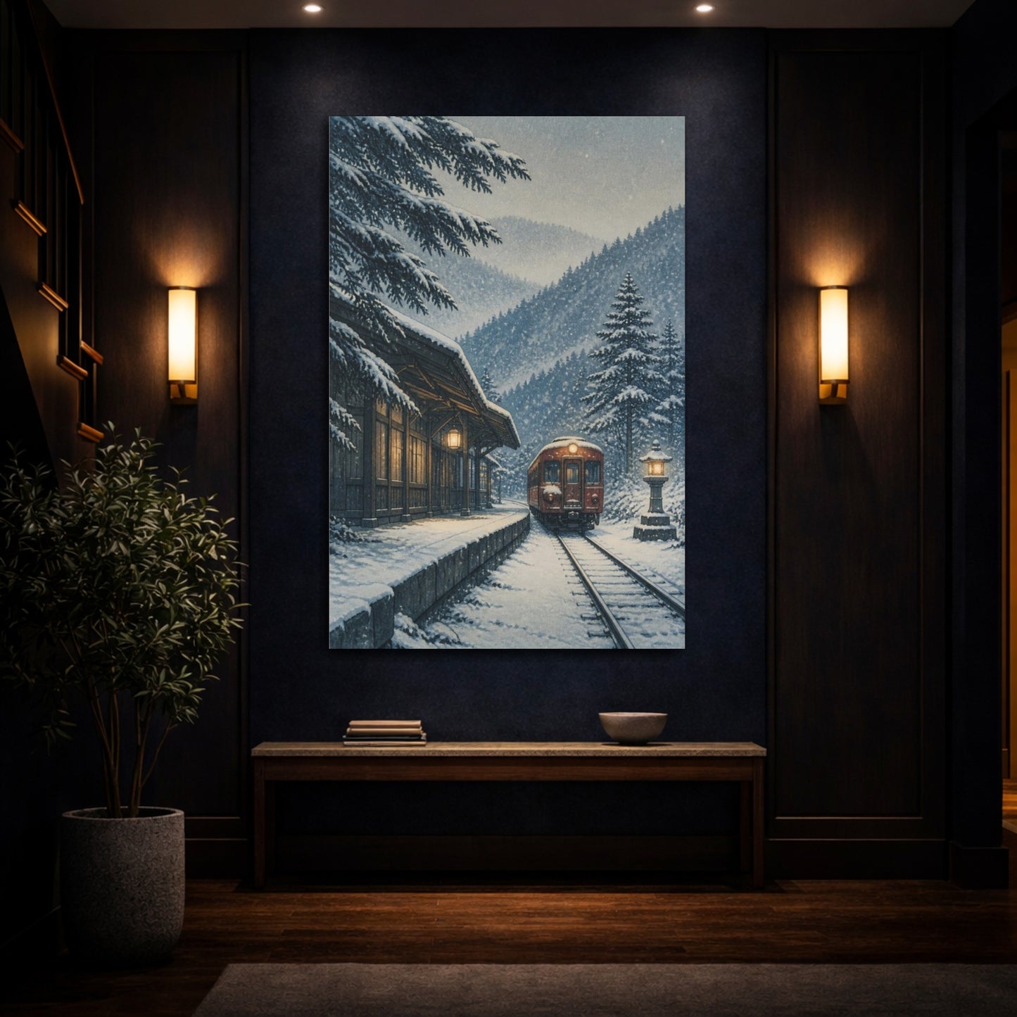 Mockup 4. Japanese Snow Train shown as canvas print