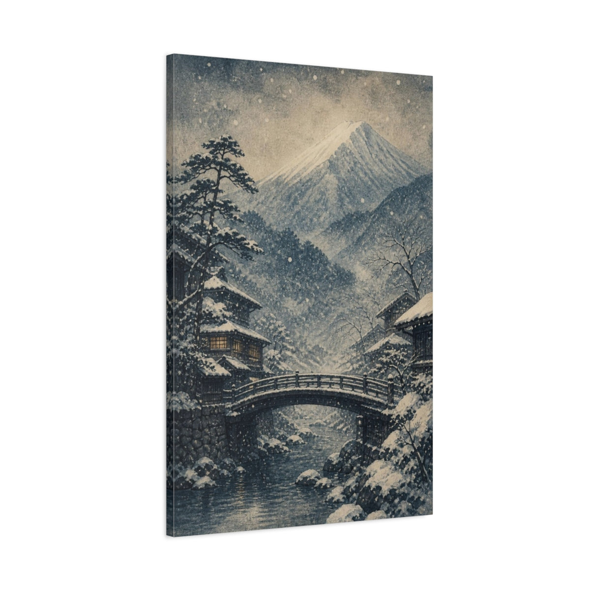 Main Mockup. Japanese Snowy Mountain Bridge shown as canvas print