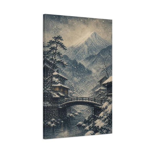 Main Mockup. Japanese Snowy Mountain Bridge shown as canvas print