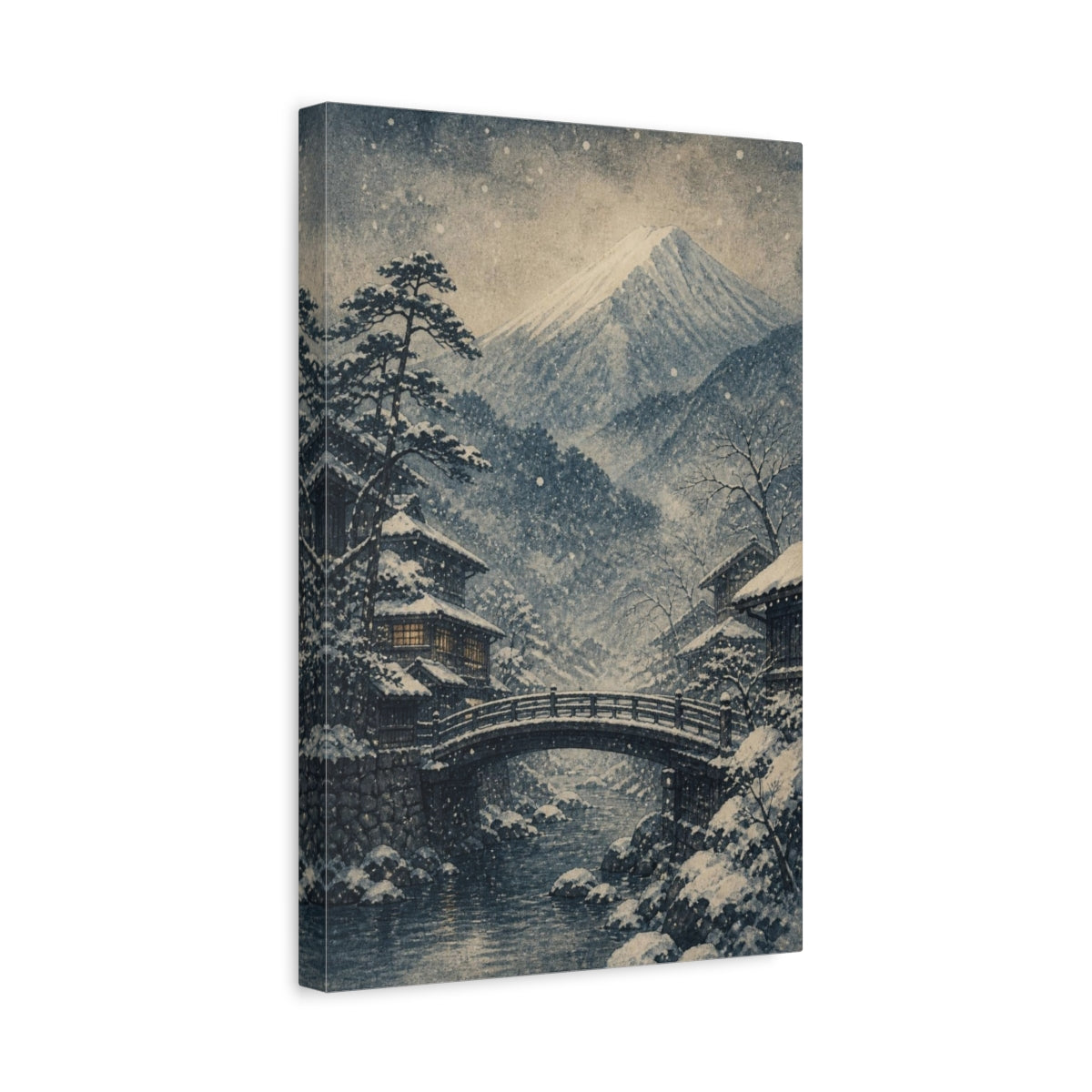 Side Mockup 4. Japanese Snowy Mountain Bridge shown as canvas print