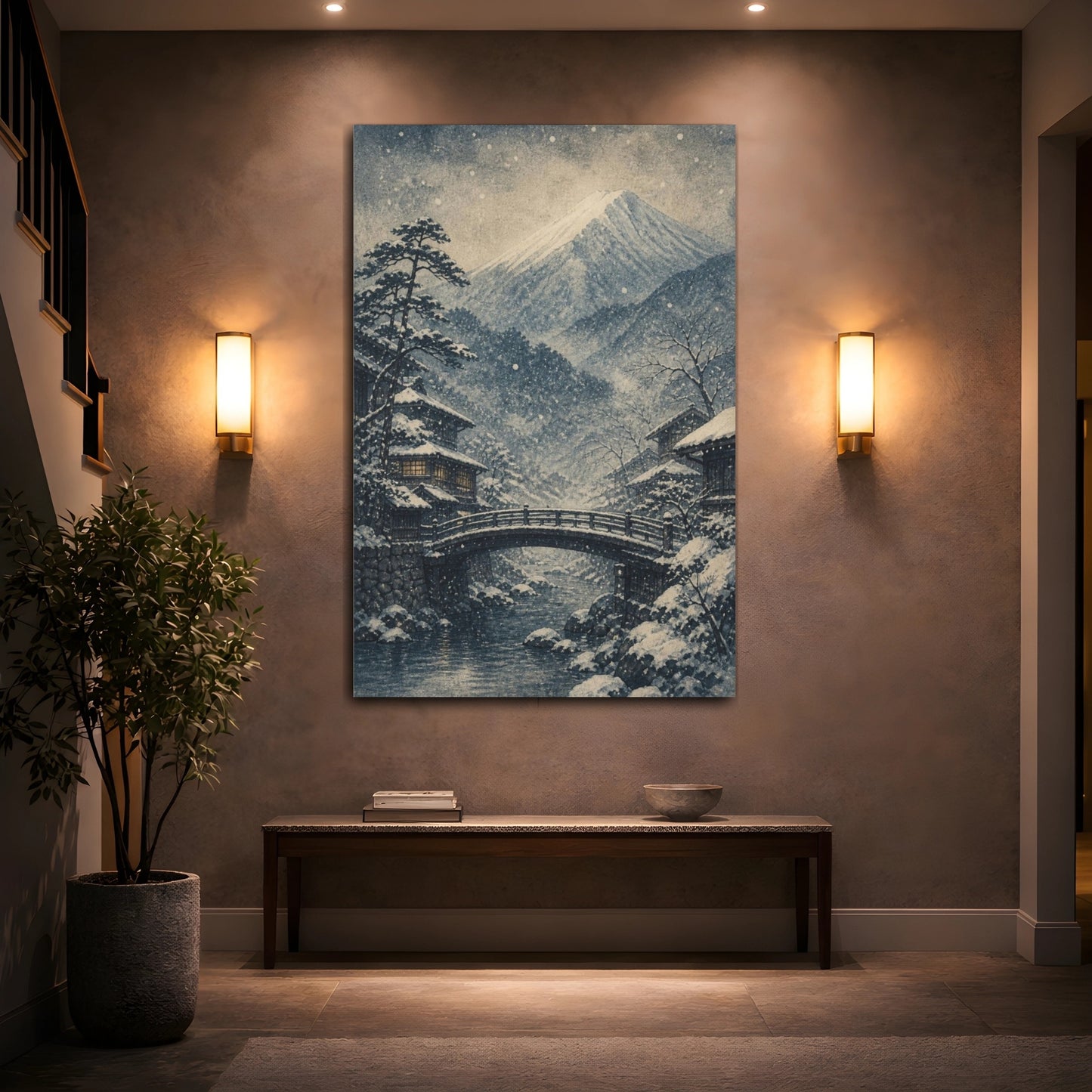 Mockup 2. Japanese Snowy Mountain Bridge shown as canvas print