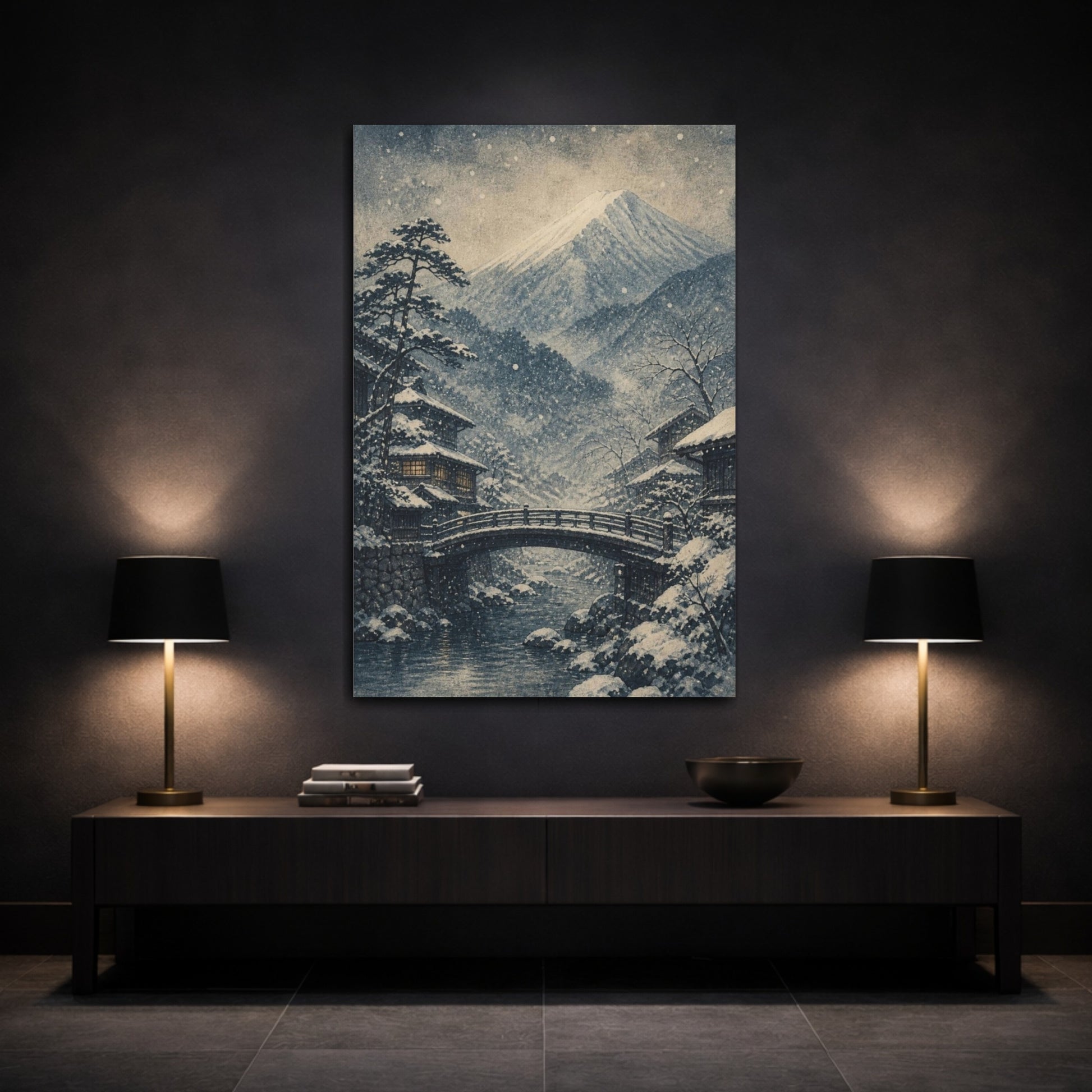 Mockup 3. Japanese Snowy Mountain Bridge shown as canvas print
