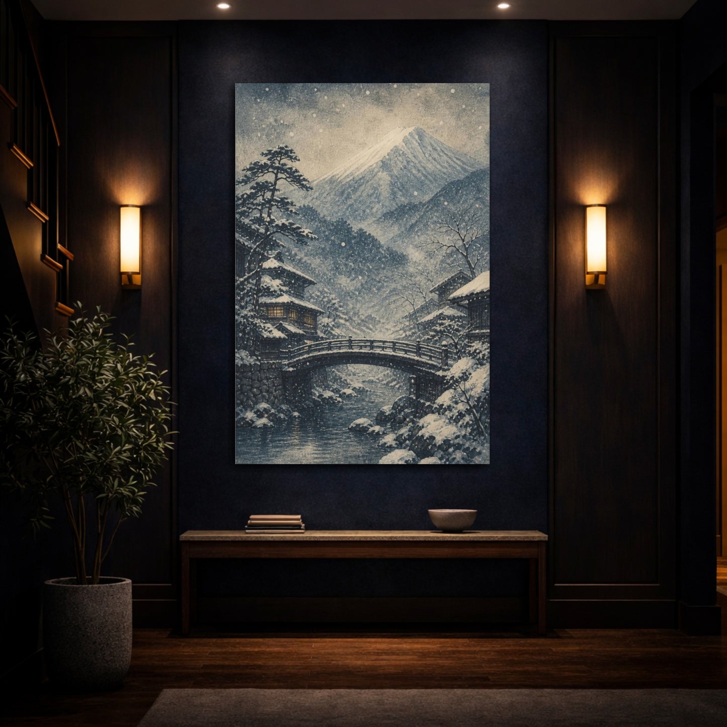 Mockup 4. Japanese Snowy Mountain Bridge shown as canvas print
