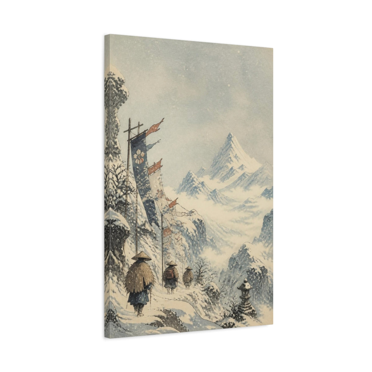 Side Mockup 2. Japanese Snowy Mountain Pass shown as canvas print