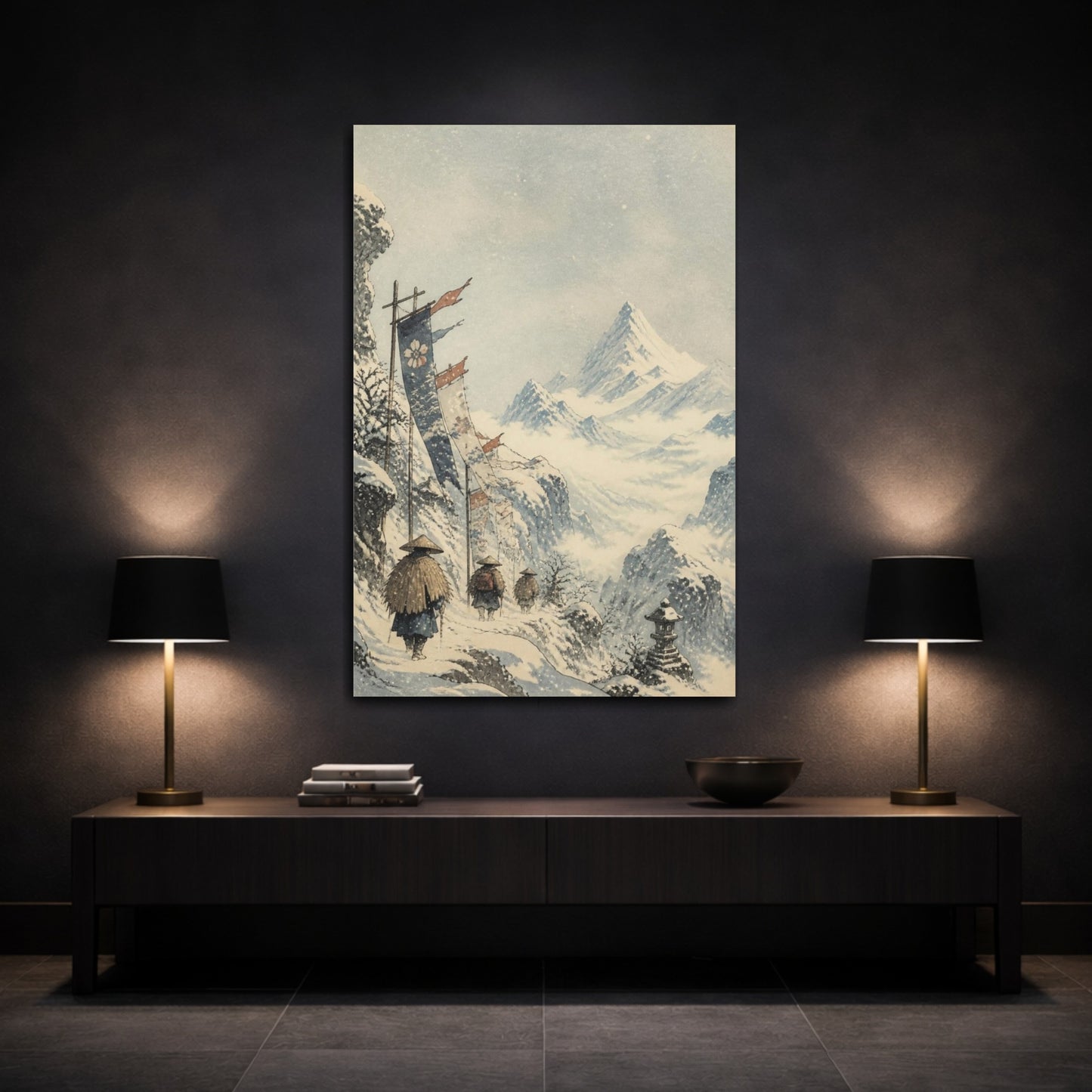 Mockup 3. Japanese Snowy Mountain Pass shown as canvas print