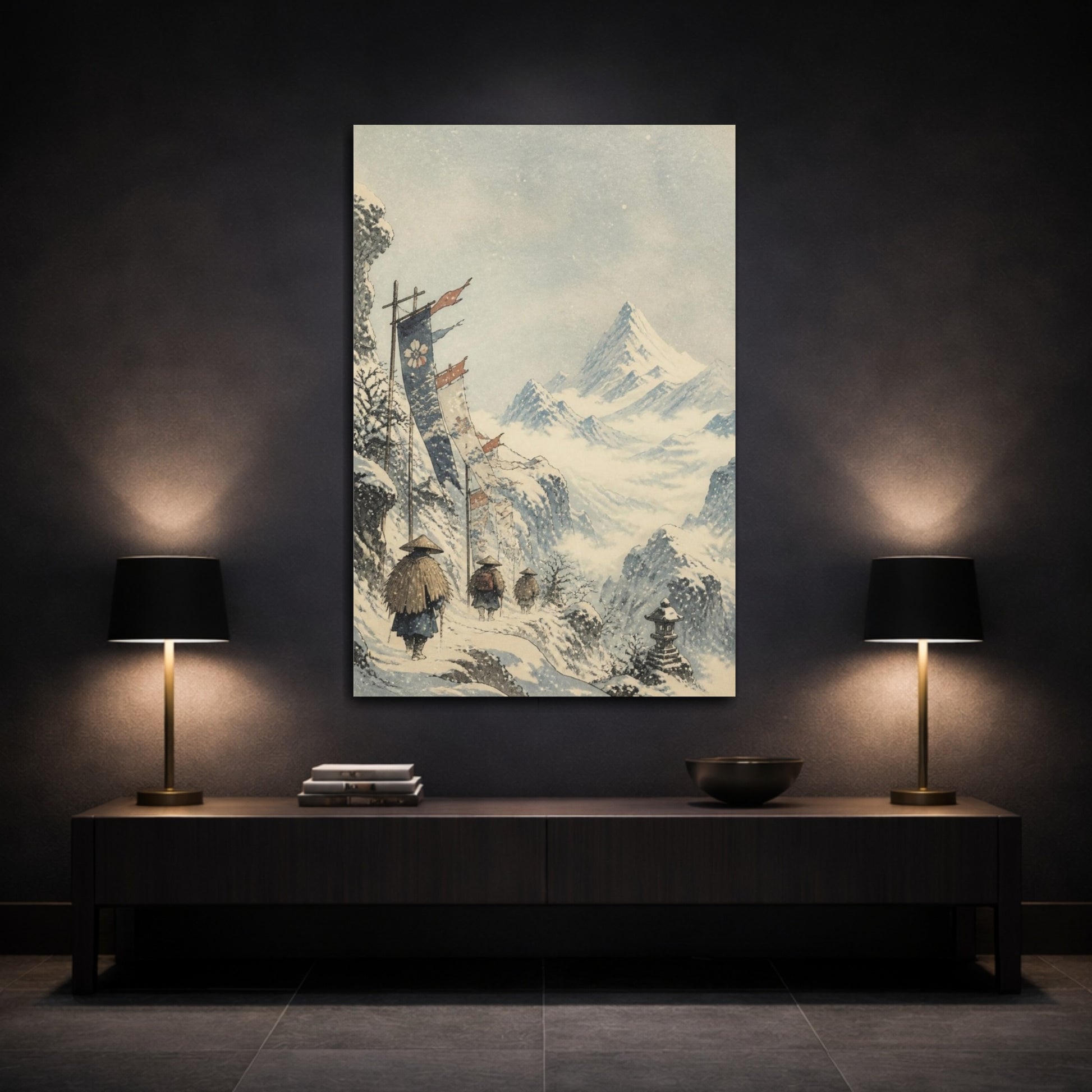 Mockup 3. Japanese Snowy Mountain Pass shown as canvas print