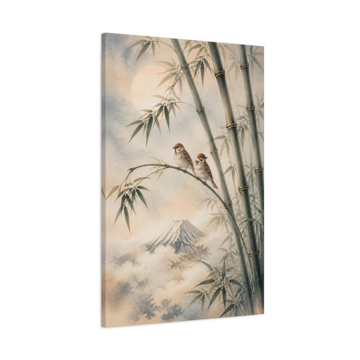 Main Mockup. Japanese Sparrows On Bamboo shown as canvas print
