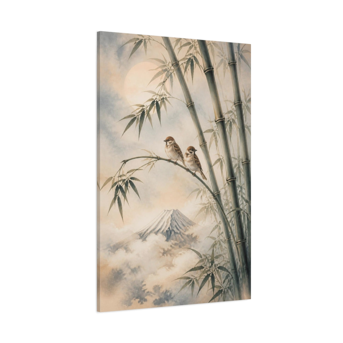 Side Mockup 1. Japanese Sparrows On Bamboo shown as canvas print