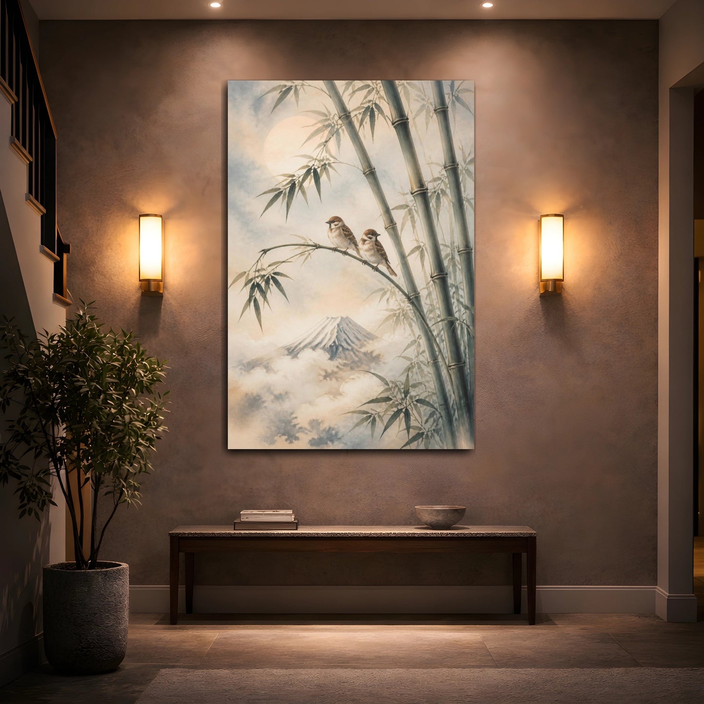 Mockup 2. Japanese Sparrows On Bamboo shown as canvas print