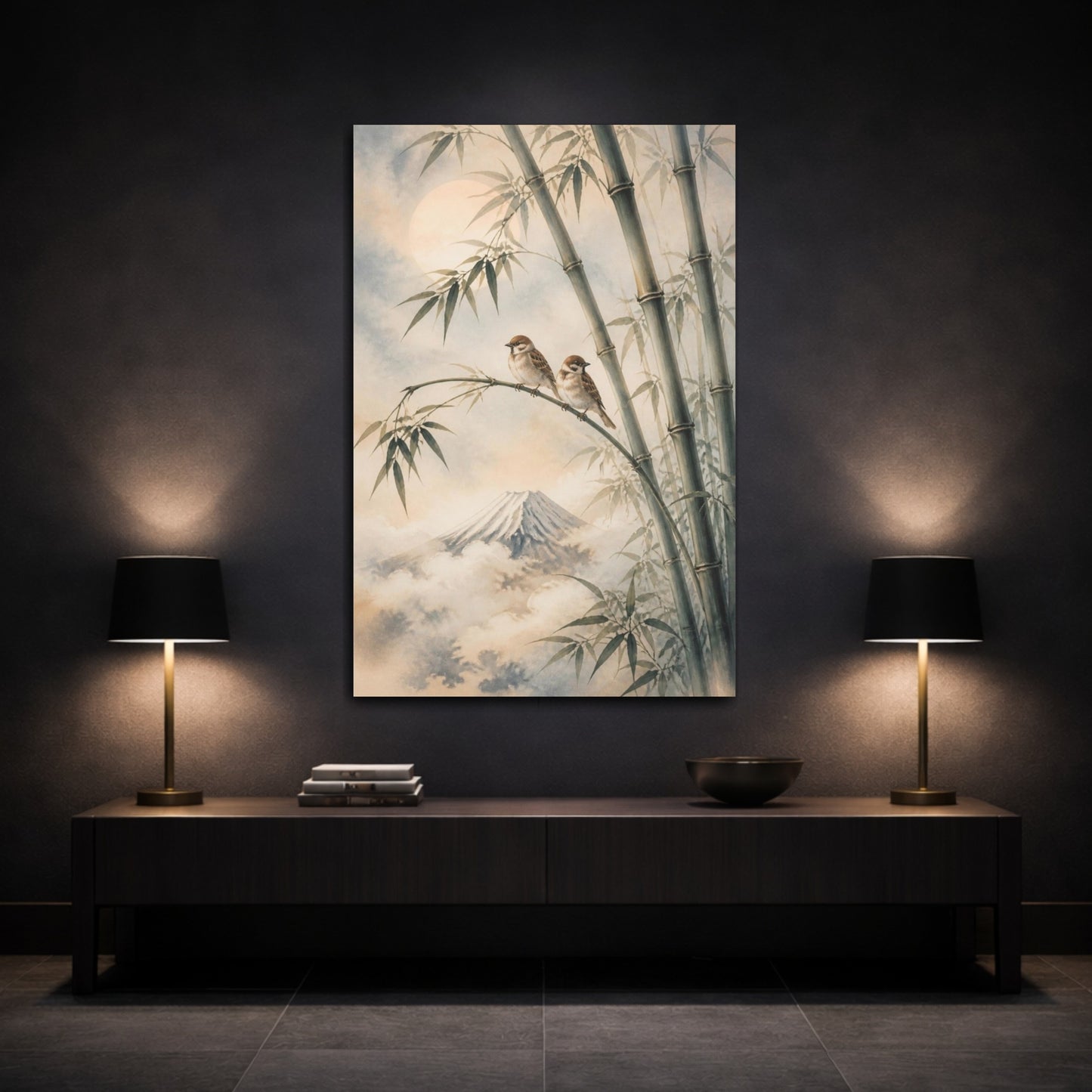 Mockup 3. Japanese Sparrows On Bamboo shown as canvas print