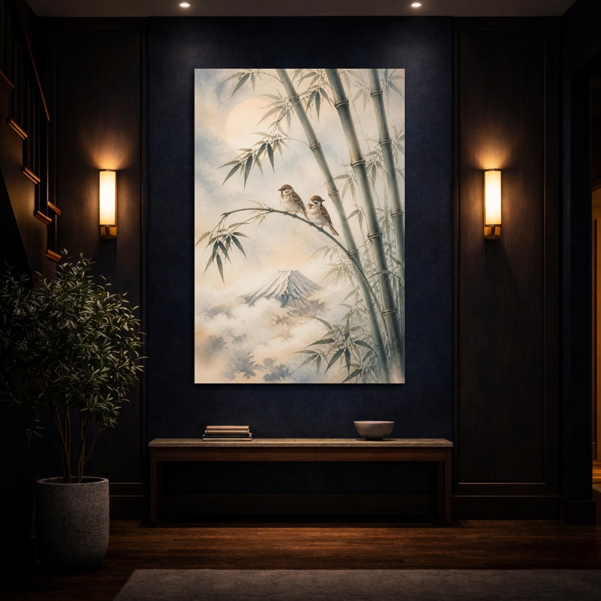 Mockup 4. Japanese Sparrows On Bamboo shown as canvas print