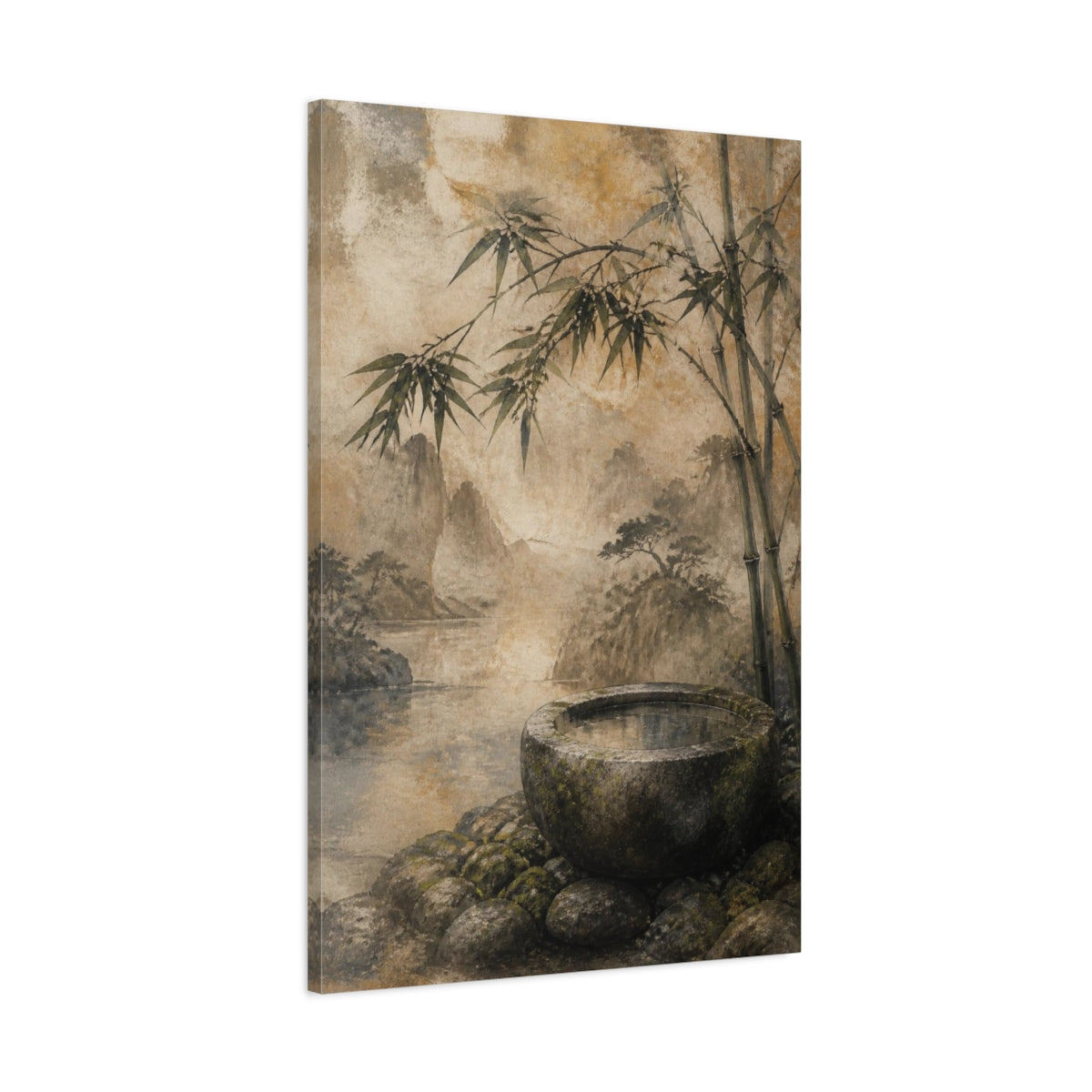 Main Mockup. Japanese Stone Basin With Bamboo shown as canvas print
