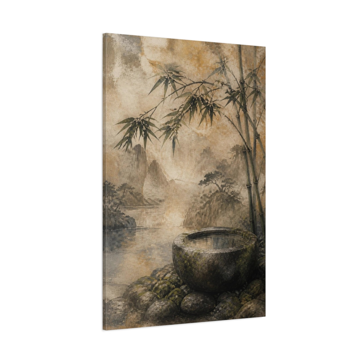 Side Mockup 1. Japanese Stone Basin With Bamboo shown as canvas print