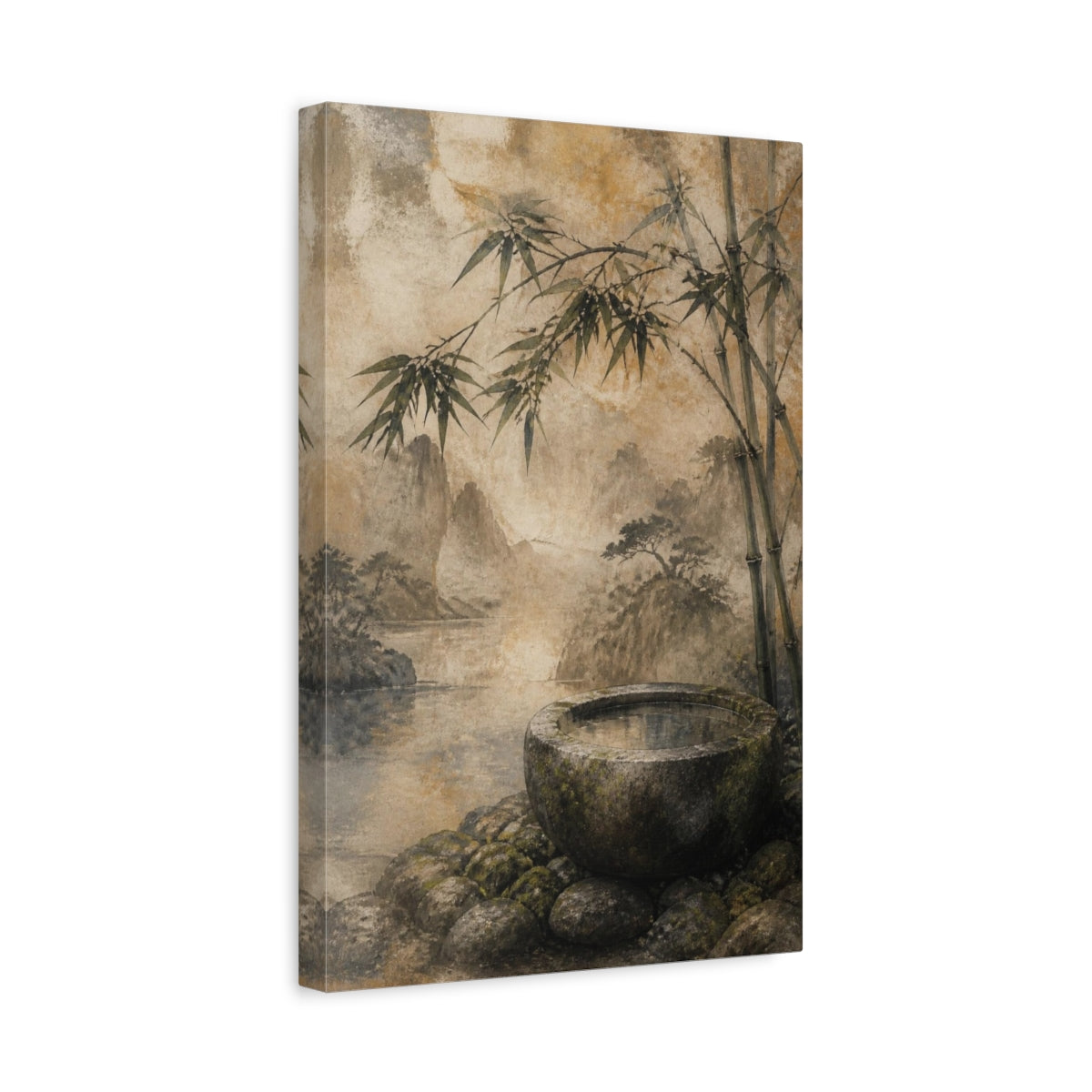 Side Mockup 4. Japanese Stone Basin With Bamboo shown as canvas print
