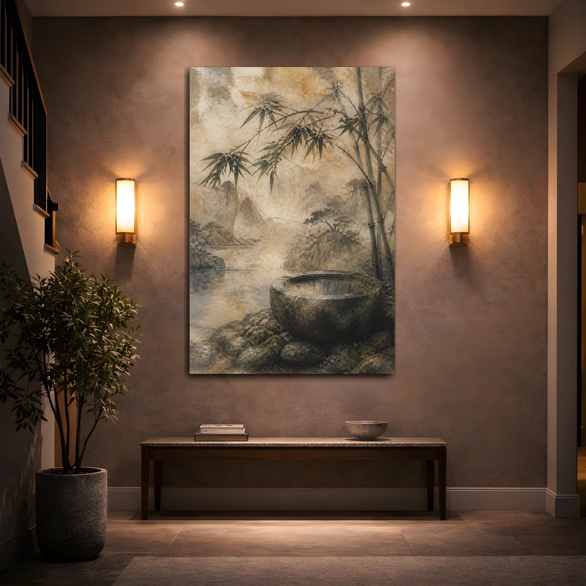 Mockup 2. Japanese Stone Basin With Bamboo shown as canvas print