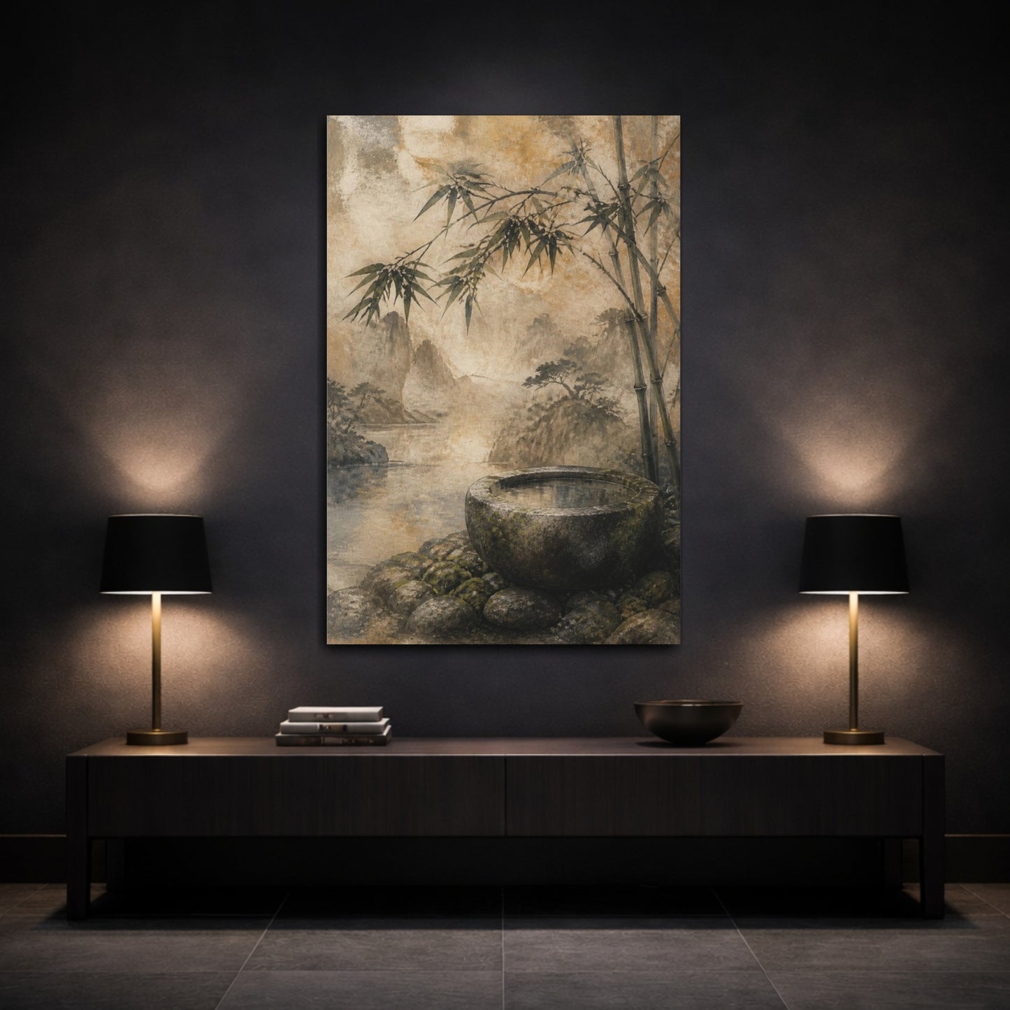 Mockup 3. Japanese Stone Basin With Bamboo shown as canvas print