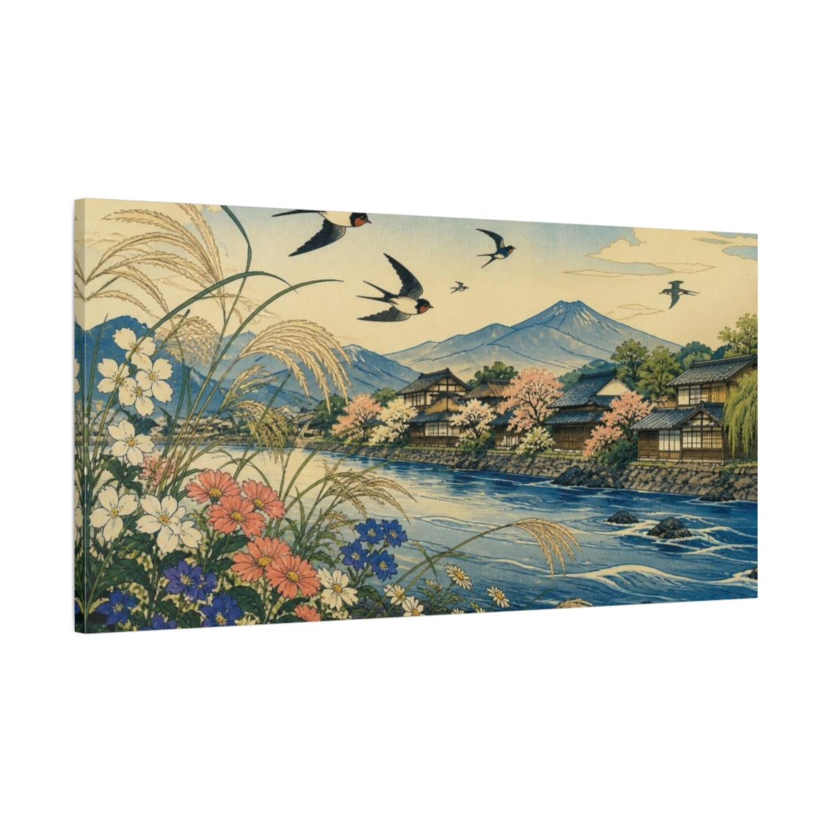 Main Mockup. Japanese Swallows Over River shown as canvas print