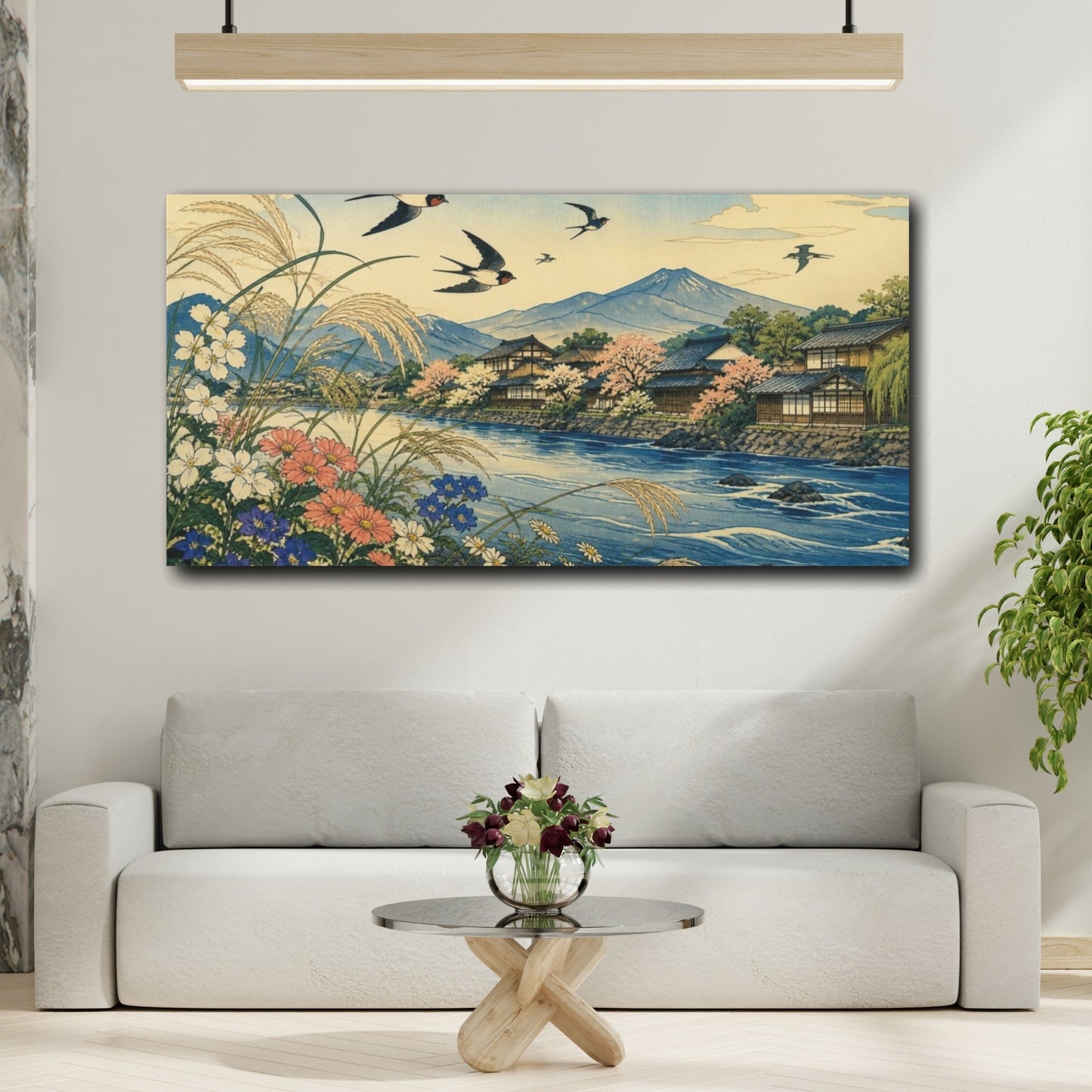 Mockup 2. Japanese Swallows Over River shown as canvas print