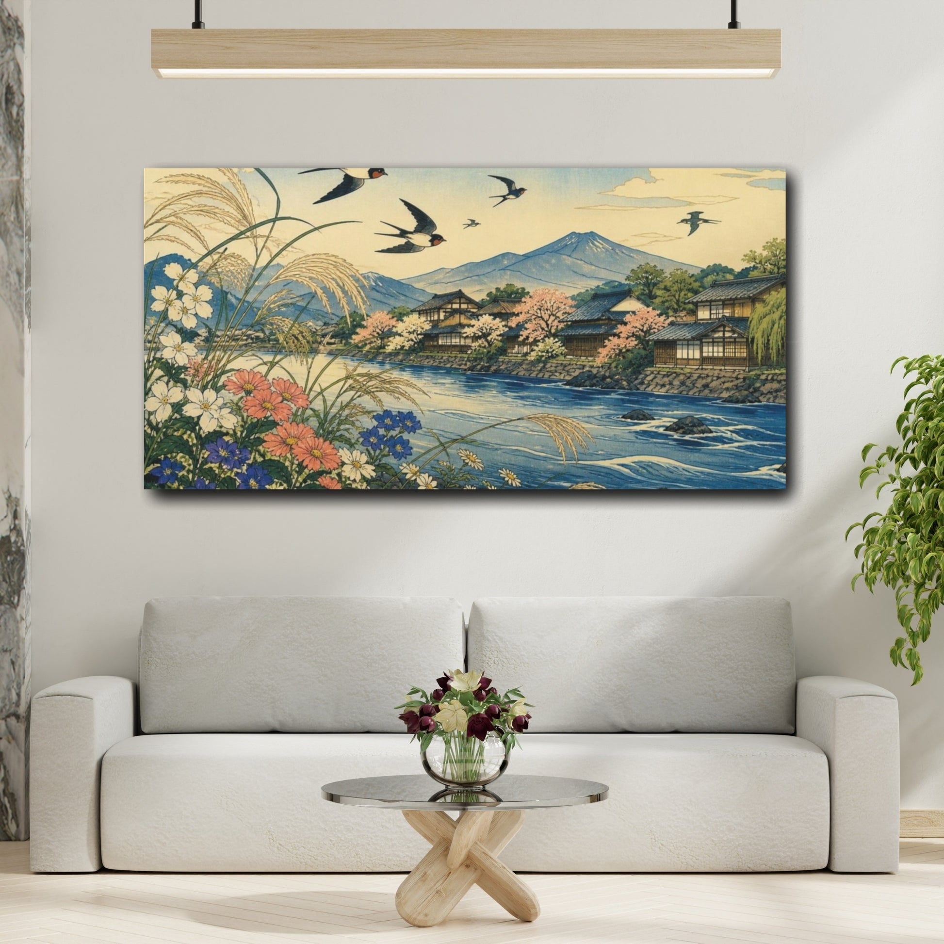 Mockup 2. Japanese Swallows Over River shown as canvas print