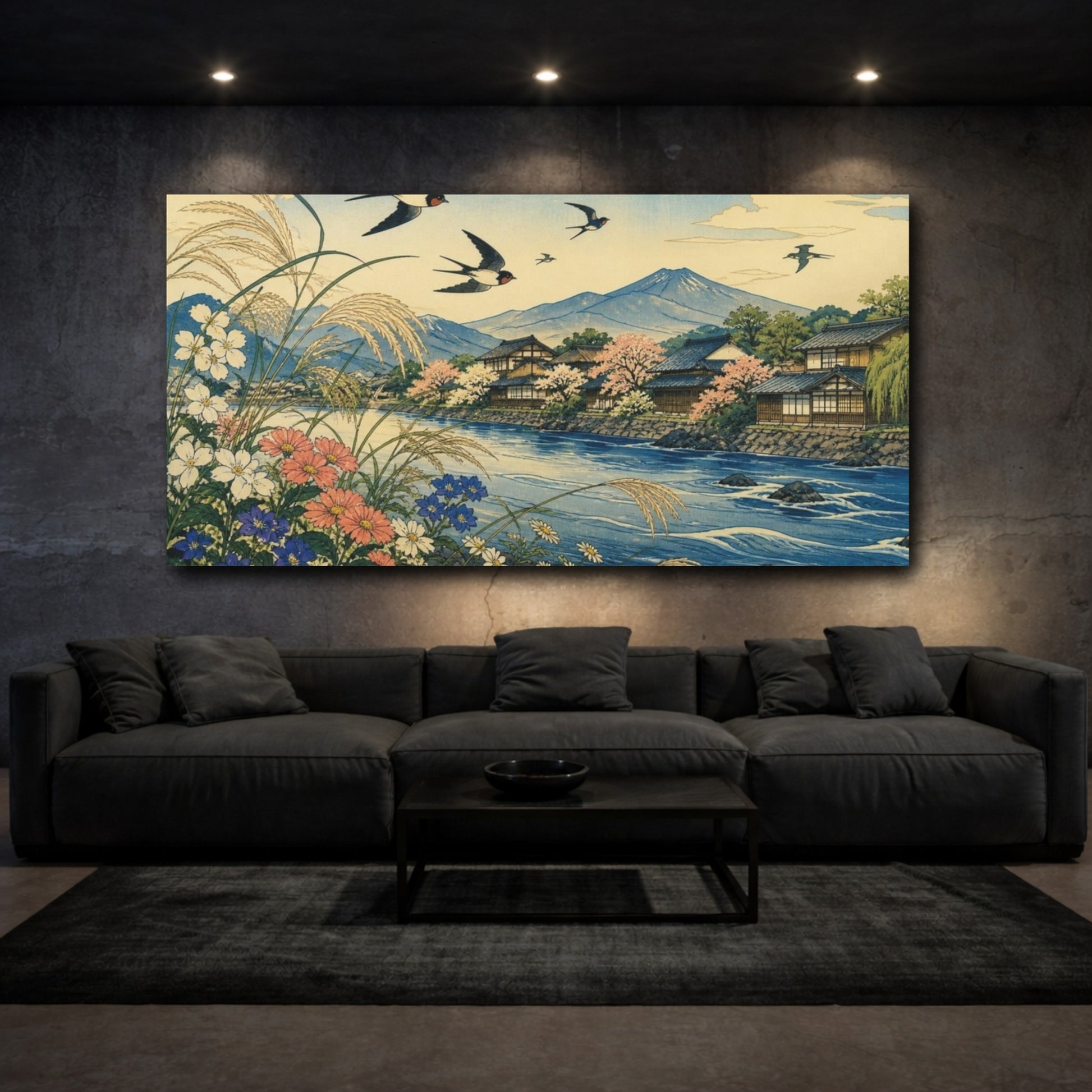 Mockup 3. Japanese Swallows Over River shown as canvas print