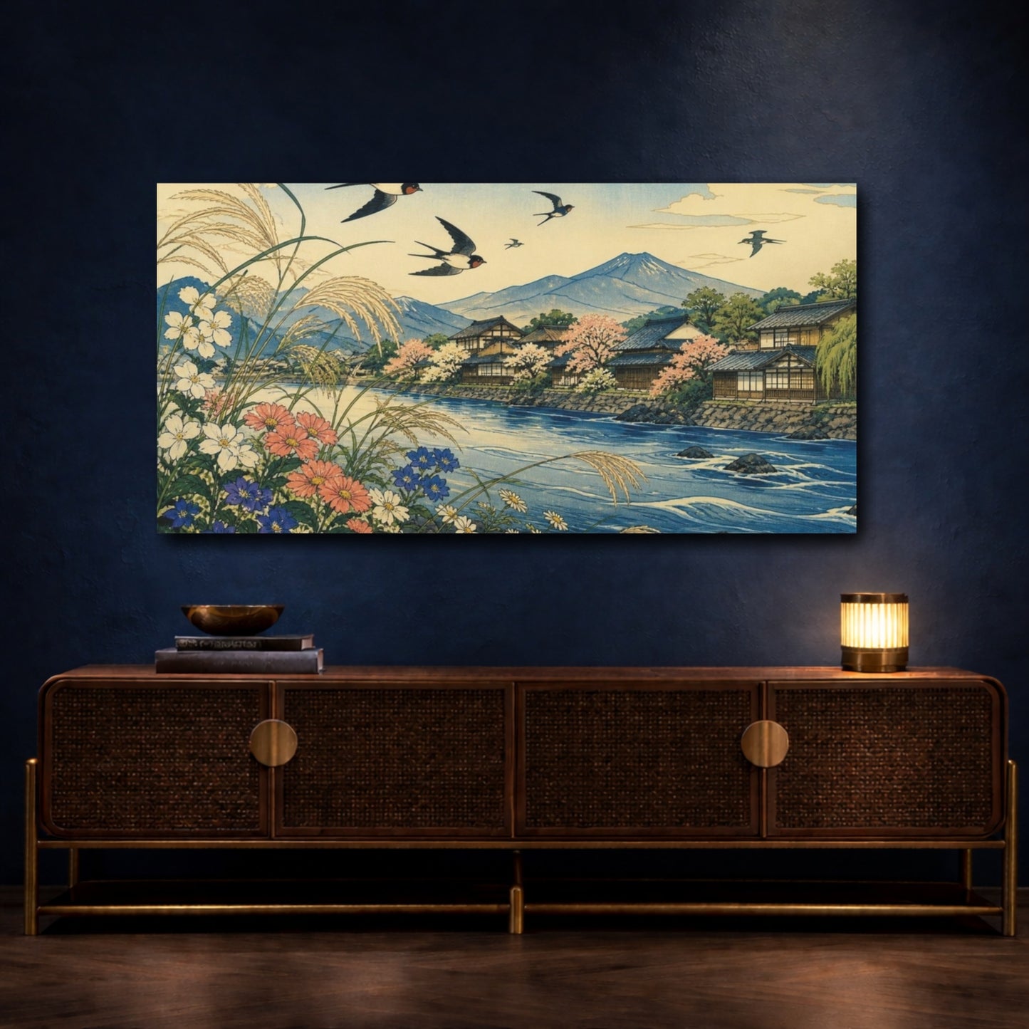 Mockup 4. Japanese Swallows Over River shown as canvas print