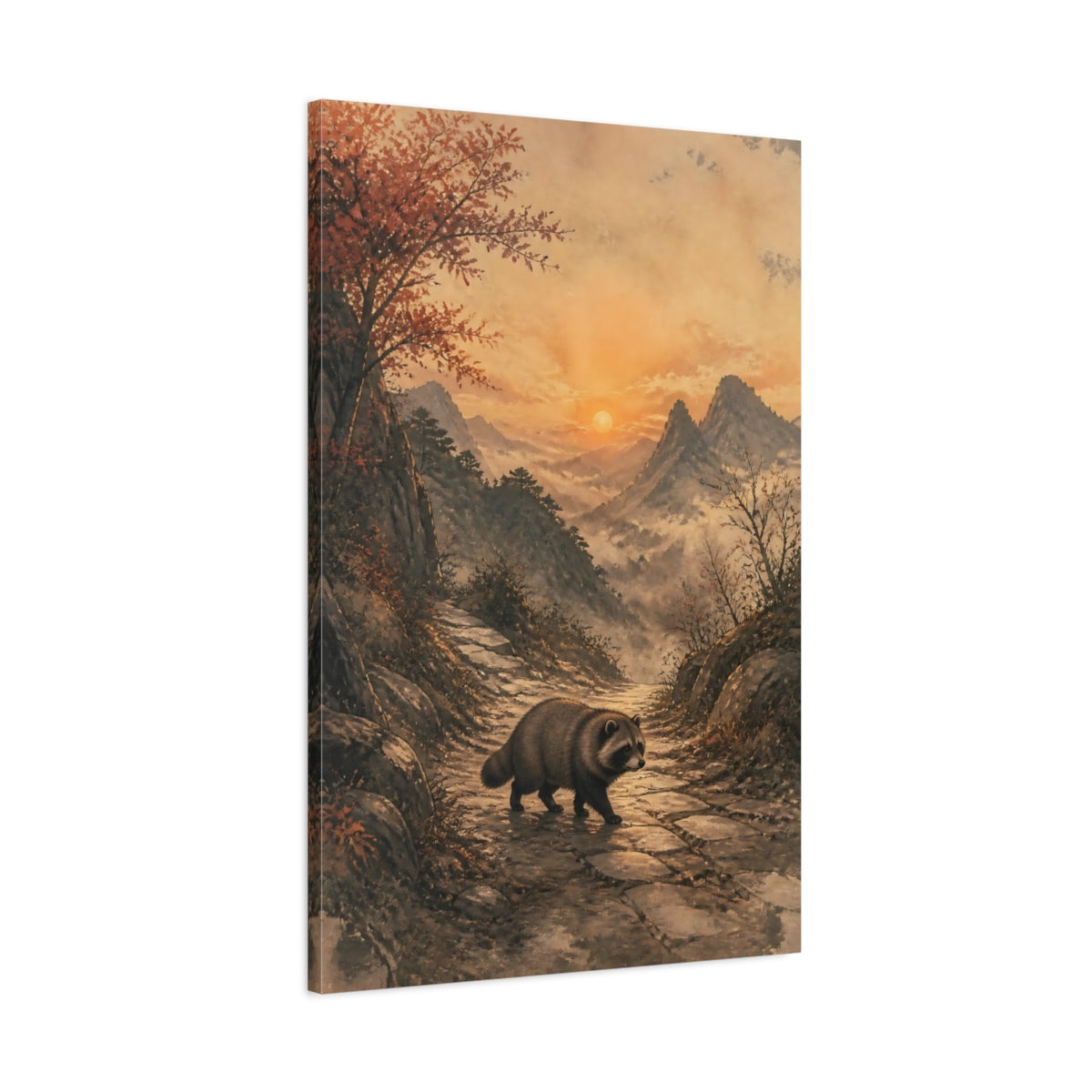 Main Mockup. Japanese Tanuki At Dusk shown as canvas print