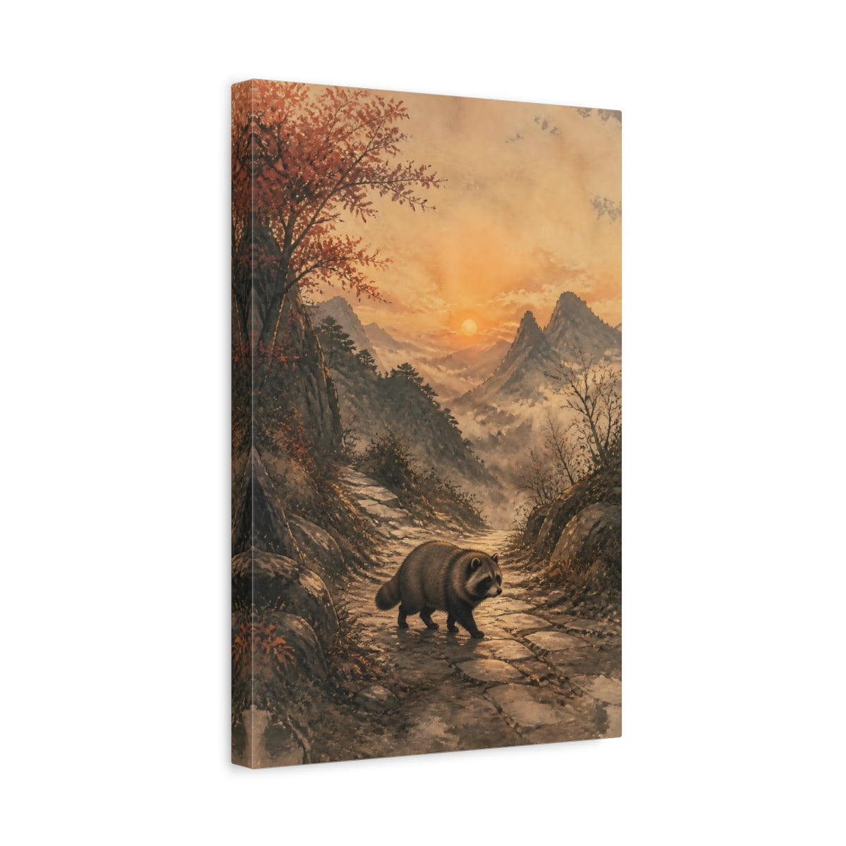 Side Mockup 4. Japanese Tanuki At Dusk shown as canvas print