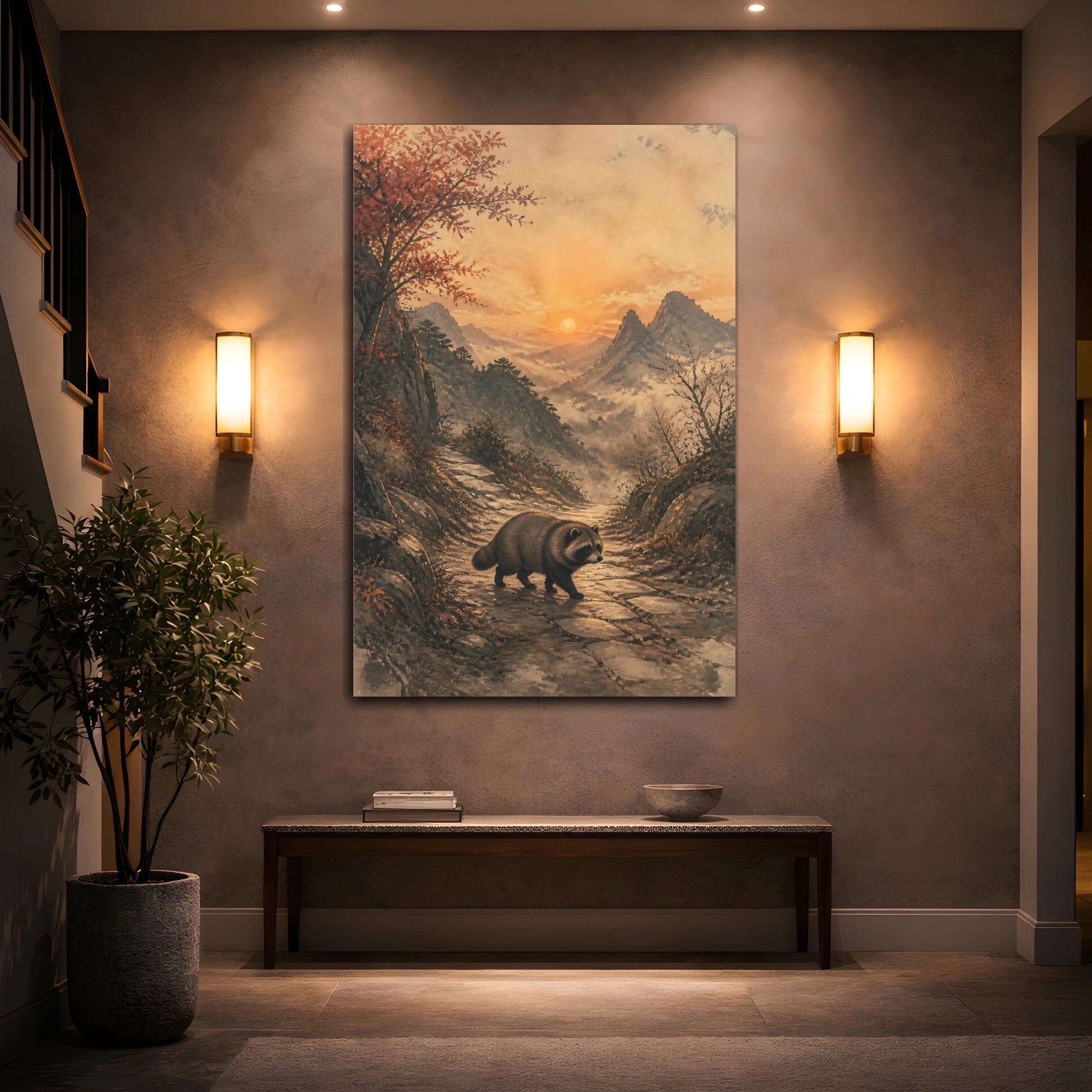 Mockup 2. Japanese Tanuki At Dusk shown as canvas print