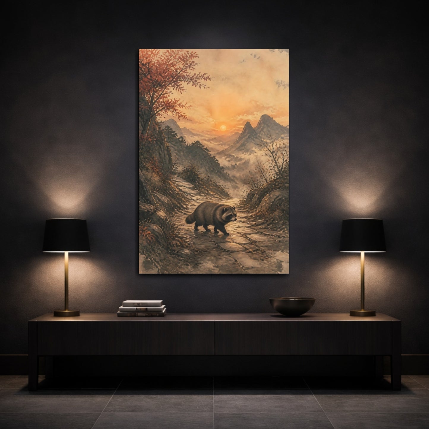 Mockup 3. Japanese Tanuki At Dusk shown as canvas print