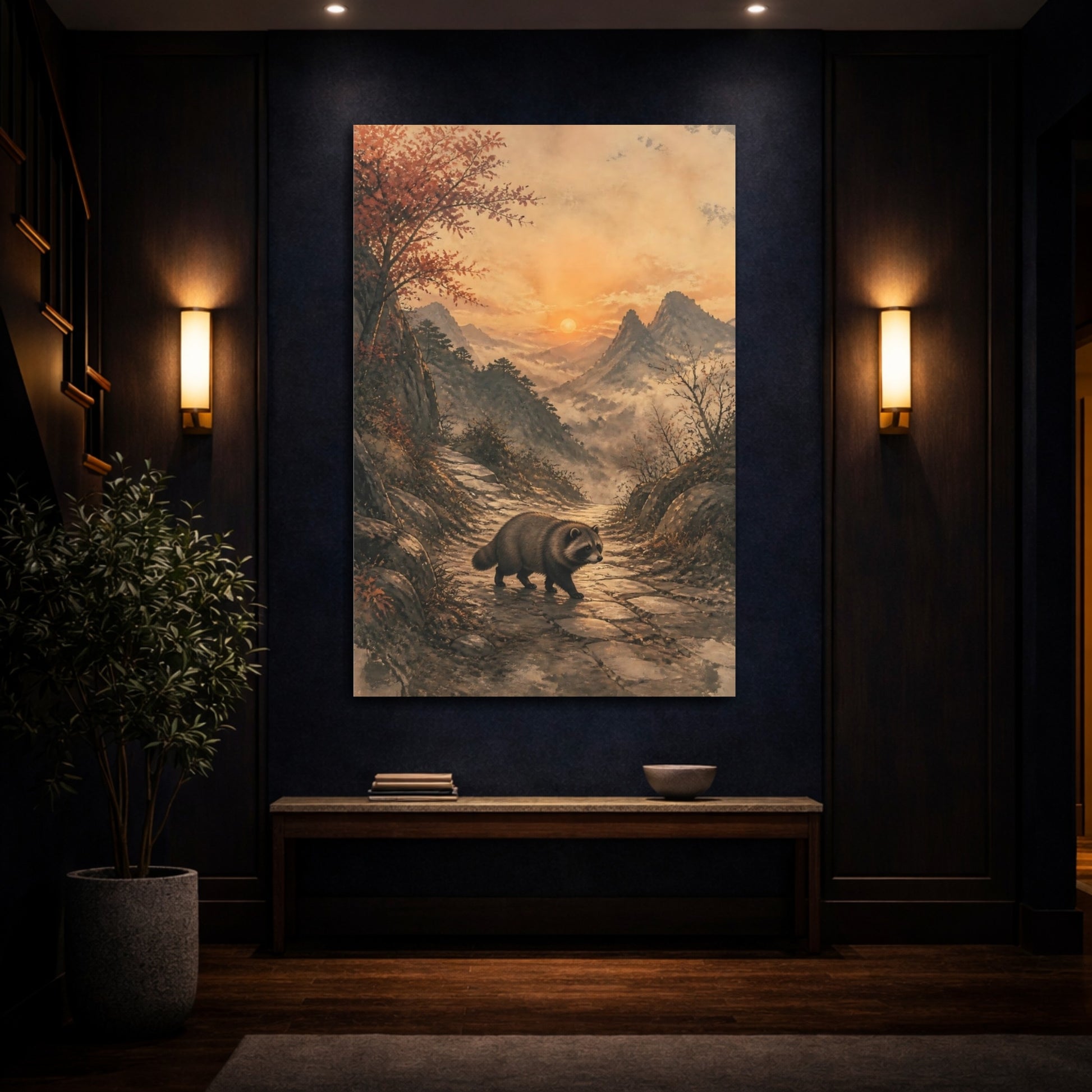 Mockup 4. Japanese Tanuki At Dusk shown as canvas print