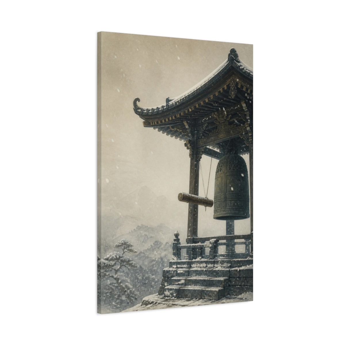 Main Mockup. Japanese Temple Bell In Snow shown as canvas print