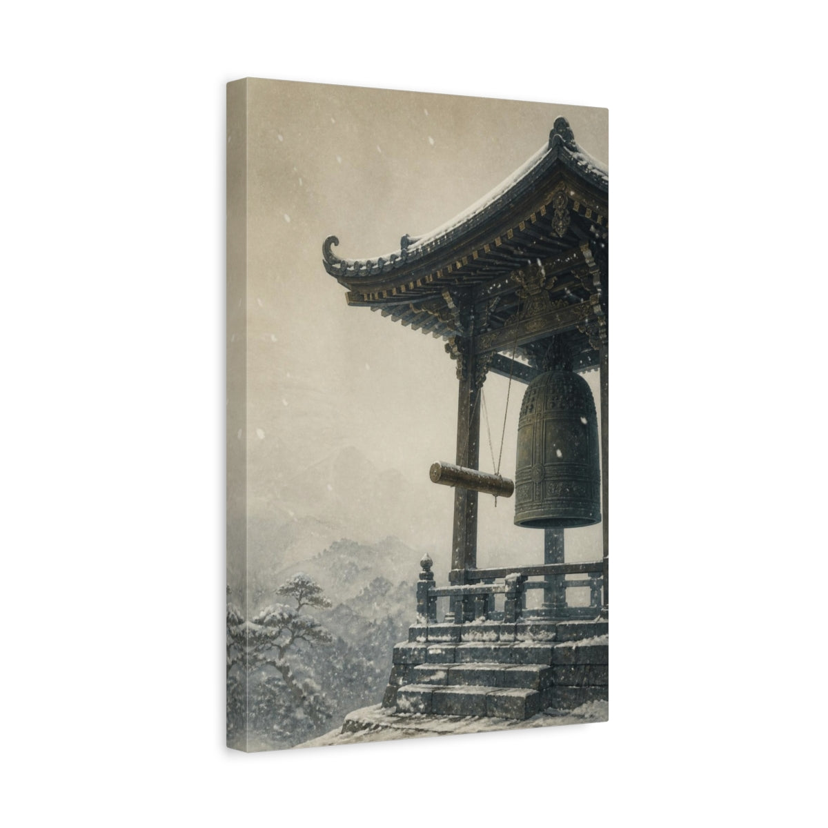 Side Mockup 4. Japanese Temple Bell In Snow shown as canvas print