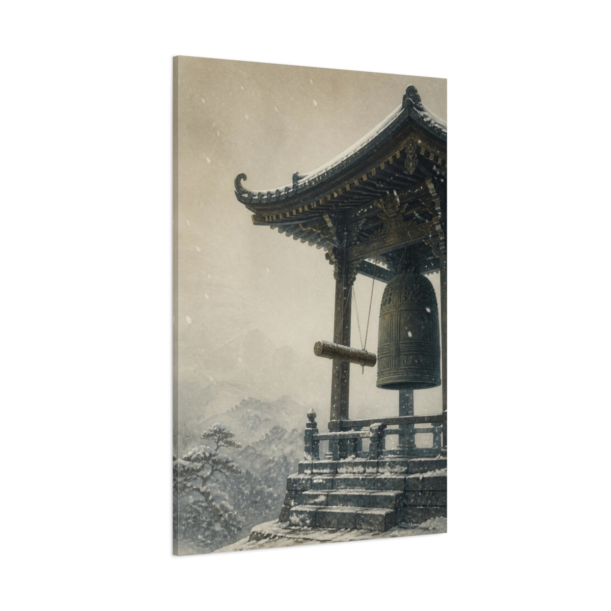 Side Mockup 1. Japanese Temple Bell In Snow shown as canvas print