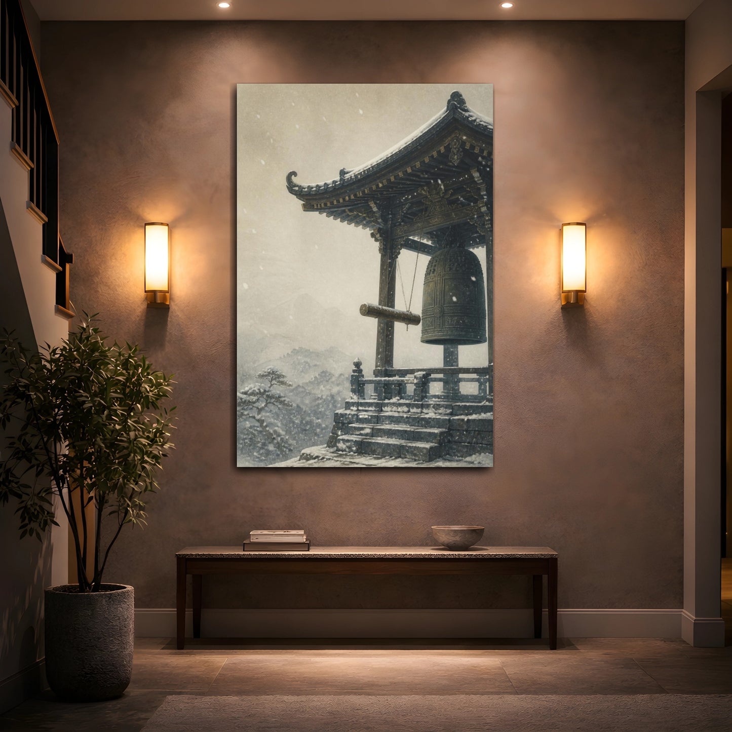 Mockup 2. Japanese Temple Bell In Snow shown as canvas print