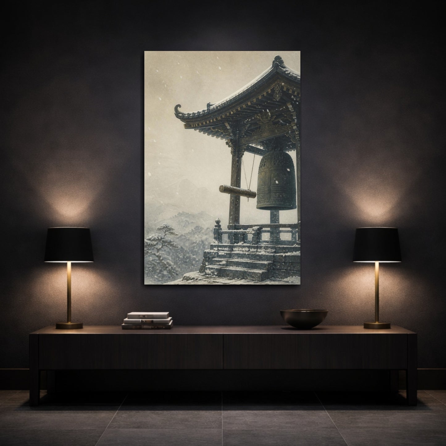 Mockup 3. Japanese Temple Bell In Snow shown as canvas print
