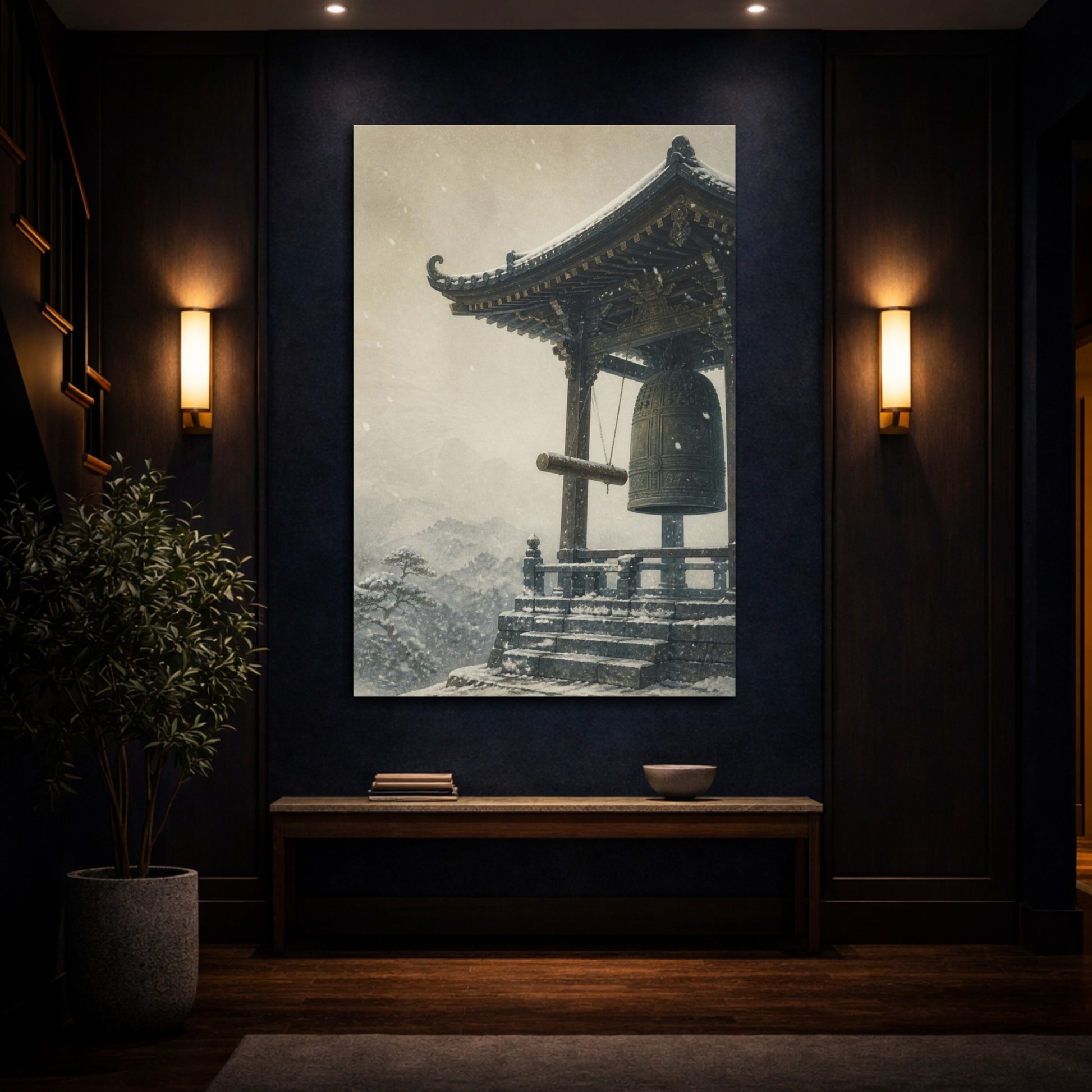 Mockup 4. Japanese Temple Bell In Snow shown as canvas print