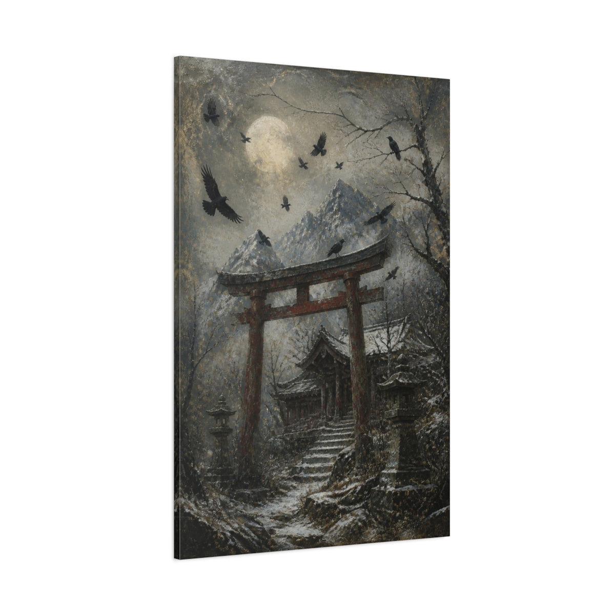 Side Mockup 1. Japanese Torii And Crows shown as canvas print