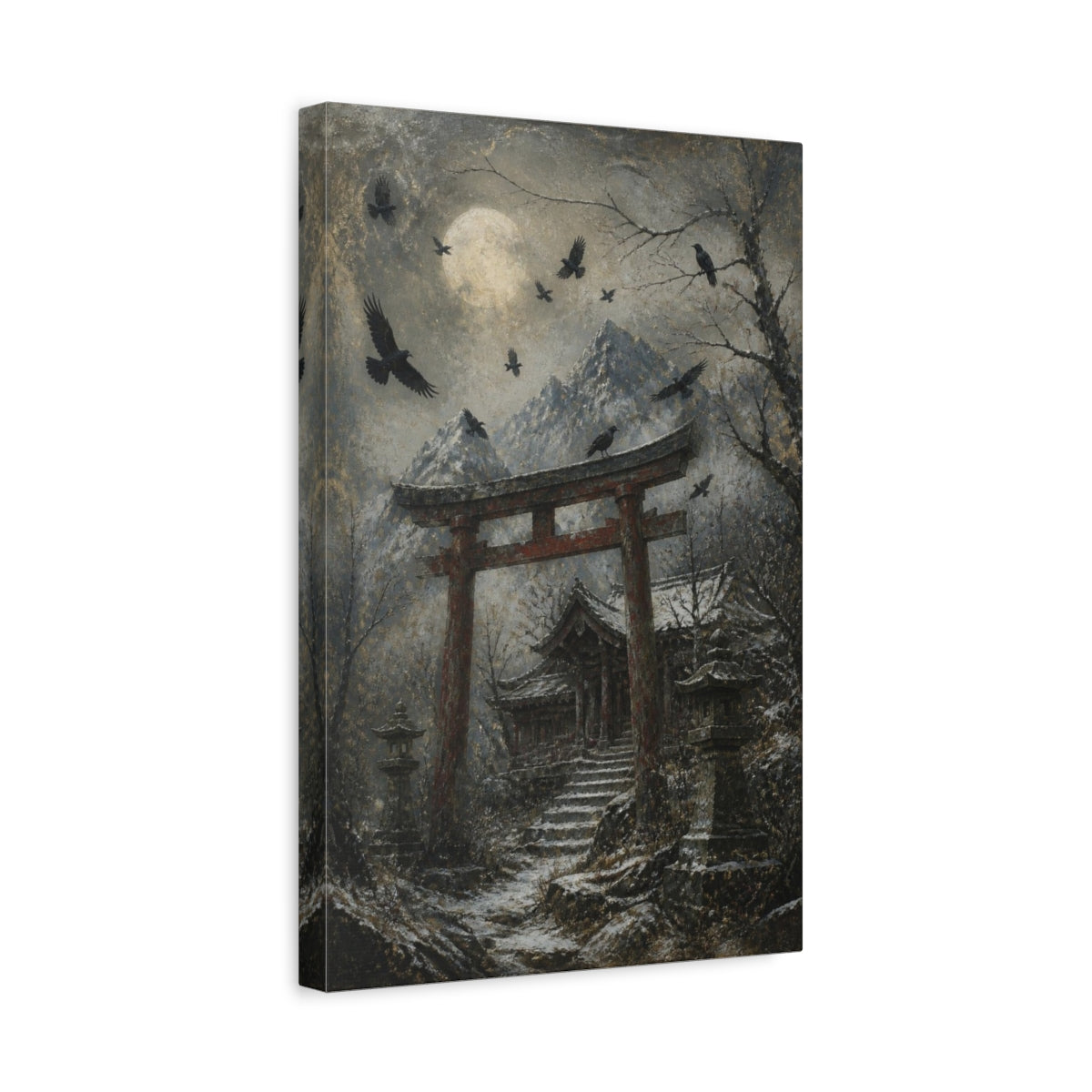 Side Mockup 4. Japanese Torii And Crows shown as canvas print