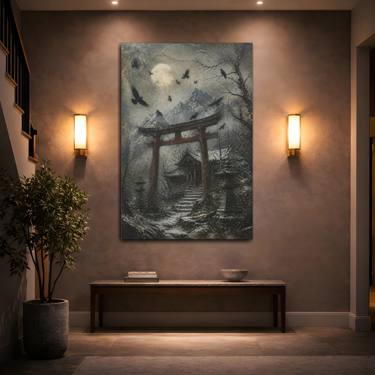 Mockup 2. Japanese Torii And Crows shown as canvas print