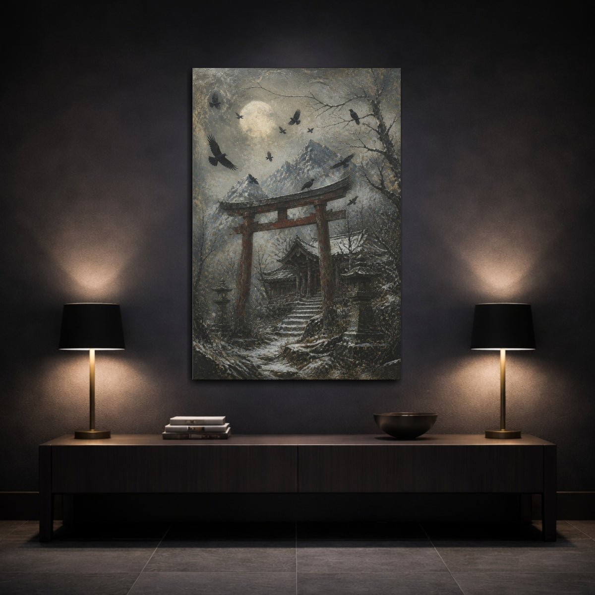 Mockup 3. Japanese Torii And Crows shown as canvas print
