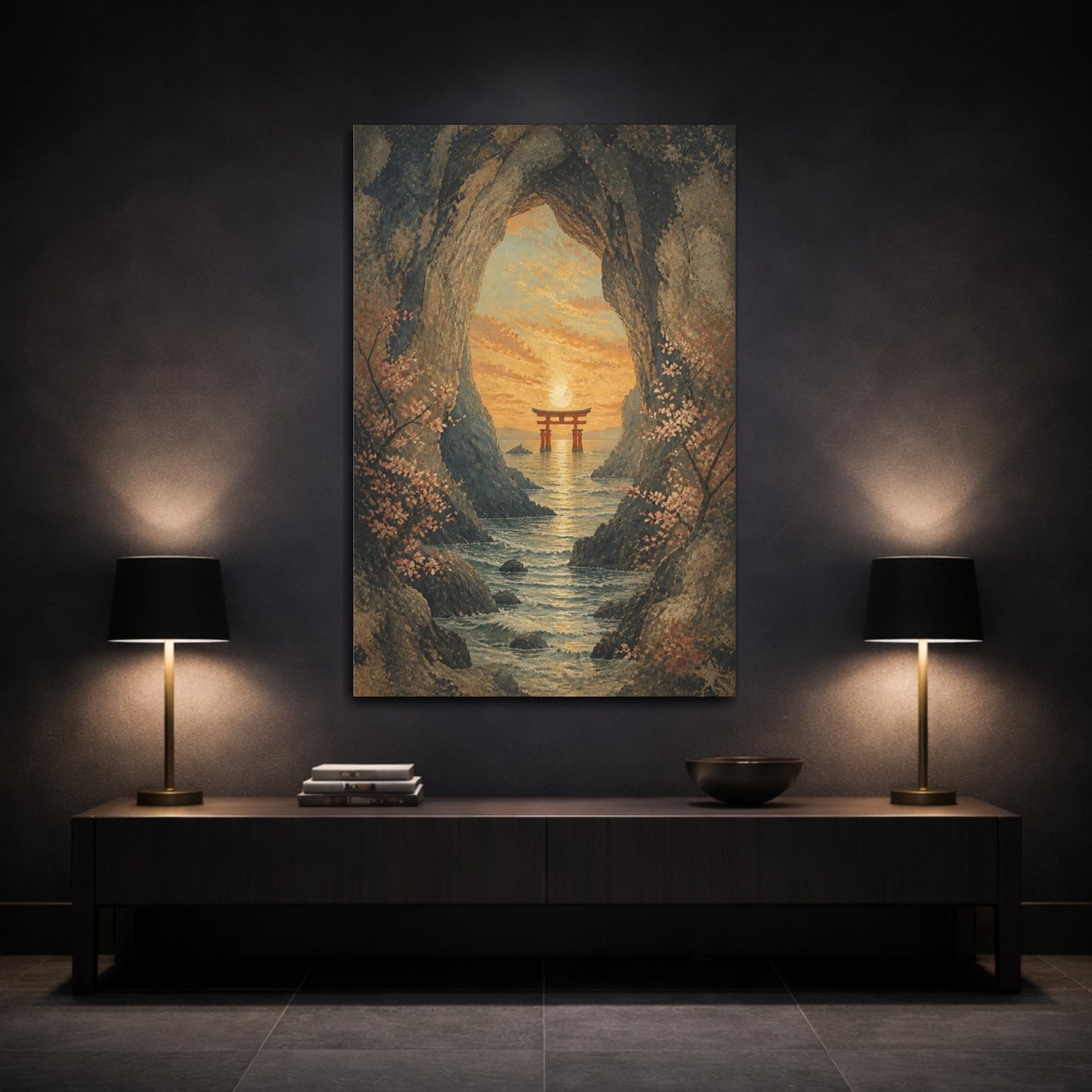 Mockup 3. Japanese Torii Sunset shown as canvas print