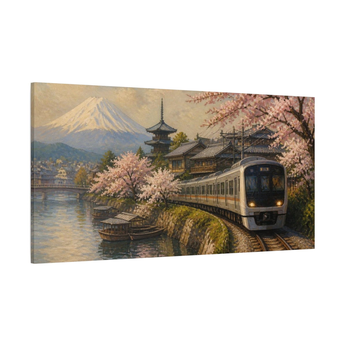 Side Mockup 2. Japanese Train With Sakura shown as canvas print