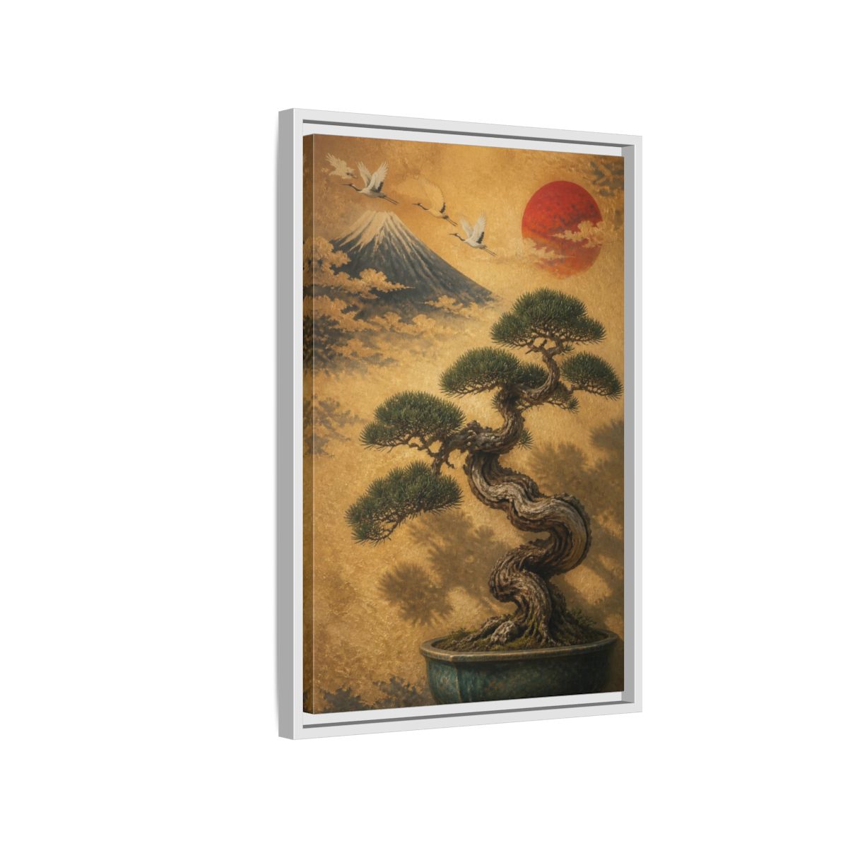 Side Mockup 1. Japanese Twisted Bonsai shown as framed canvas print